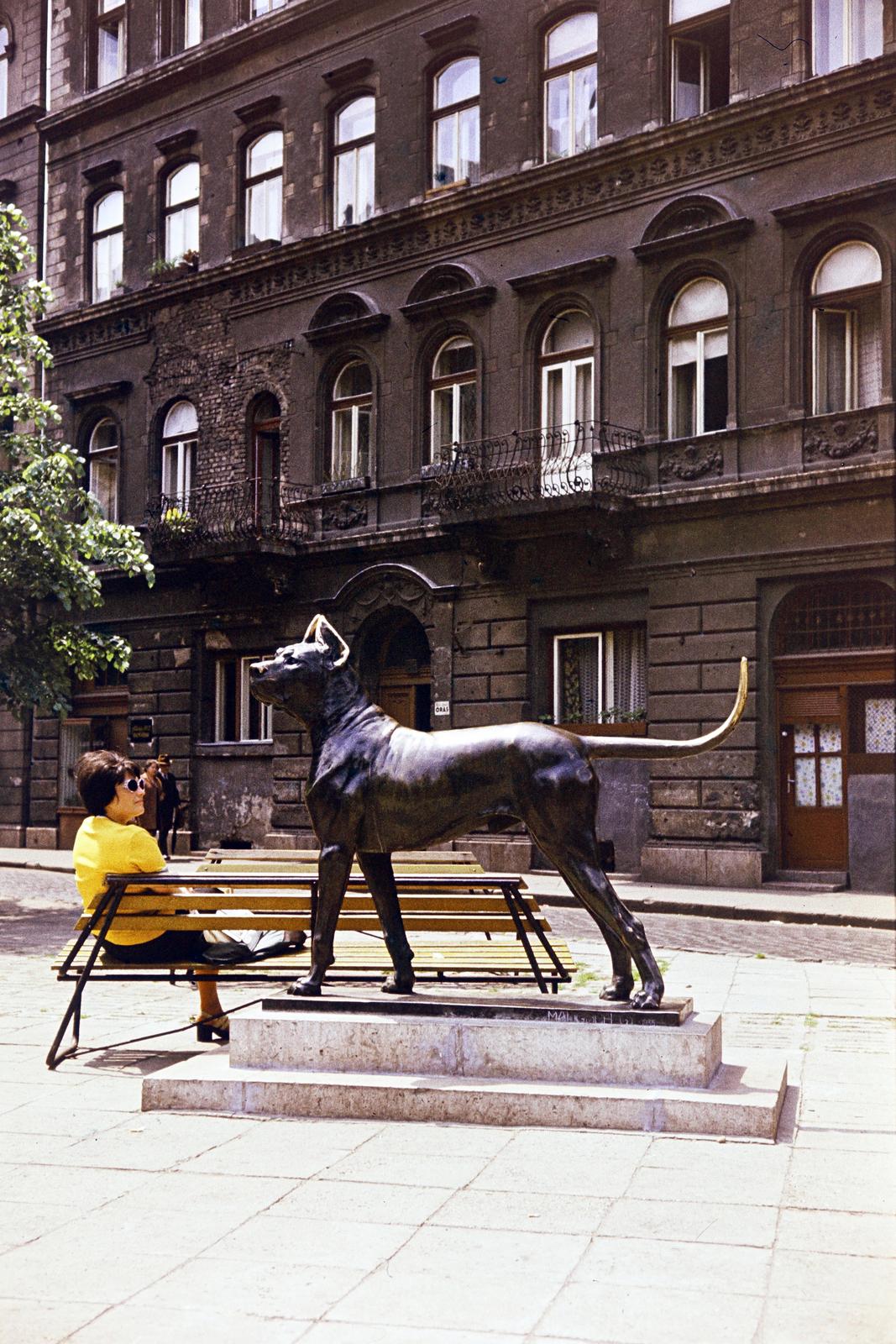Hungary, Budapest VII., Izabella utca, háttérben az Alsó erdősor 36. számú ház. A Figyelő kutya Maugsch Gyula szobrászművész alkotása (1938) 1952-ben került ide a János Kórháztól., 1973, Fortepan/Album100, Budapest, Fortepan #293804