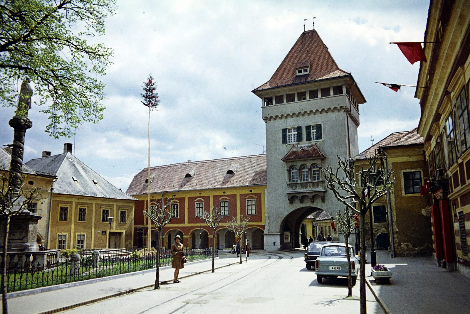 Hungary, Kőszeg, Jurisics tér, szemben Hősök kapuja, balra a Mária szobor., 1974, Benedek Tamás, number plate, colorful, Fortepan #293855