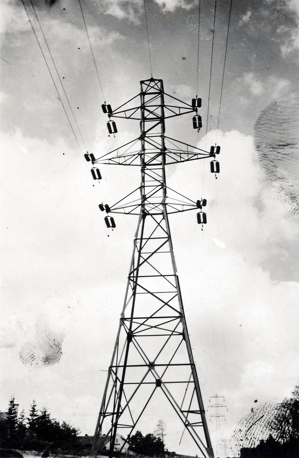 1940, Harangozó Ádám, pylon, power line, porcelain insulators, Fortepan #294033