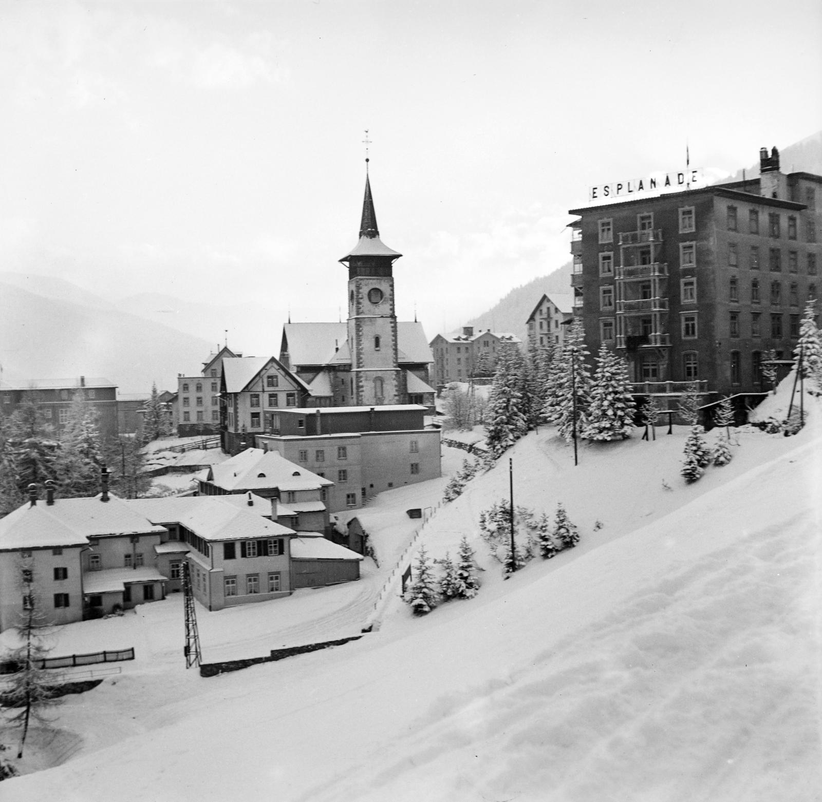 Switzerland, Davos, szemben a Marienkirche., 1937, Molnár Csaba, winter, church, Fortepan #294261