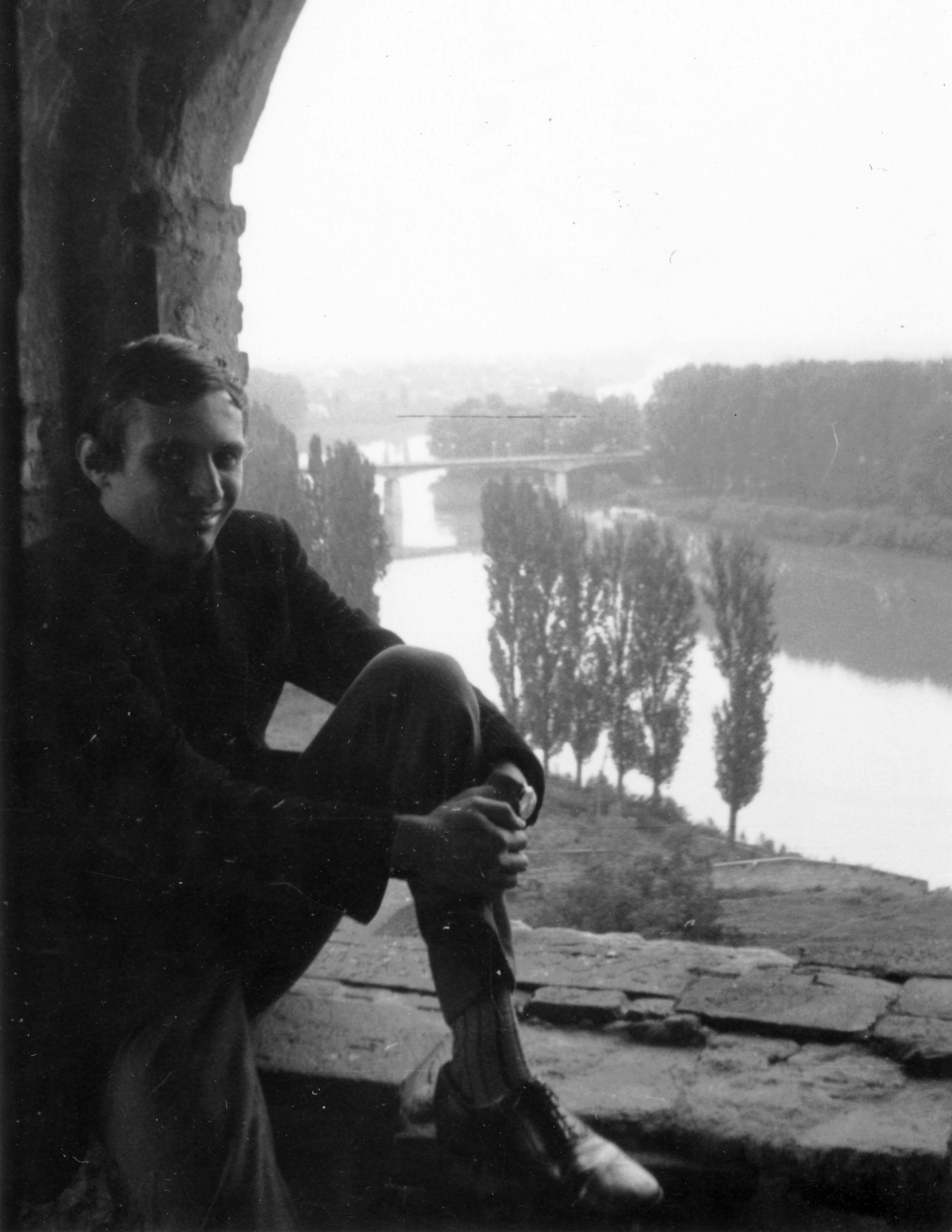 Hungary, Sárospatak, látkép a Rákóczi-várból a Bodroggal., 1970, Gál László, portrait, bridge, river, man, castle wall, fir, Fortepan #29439