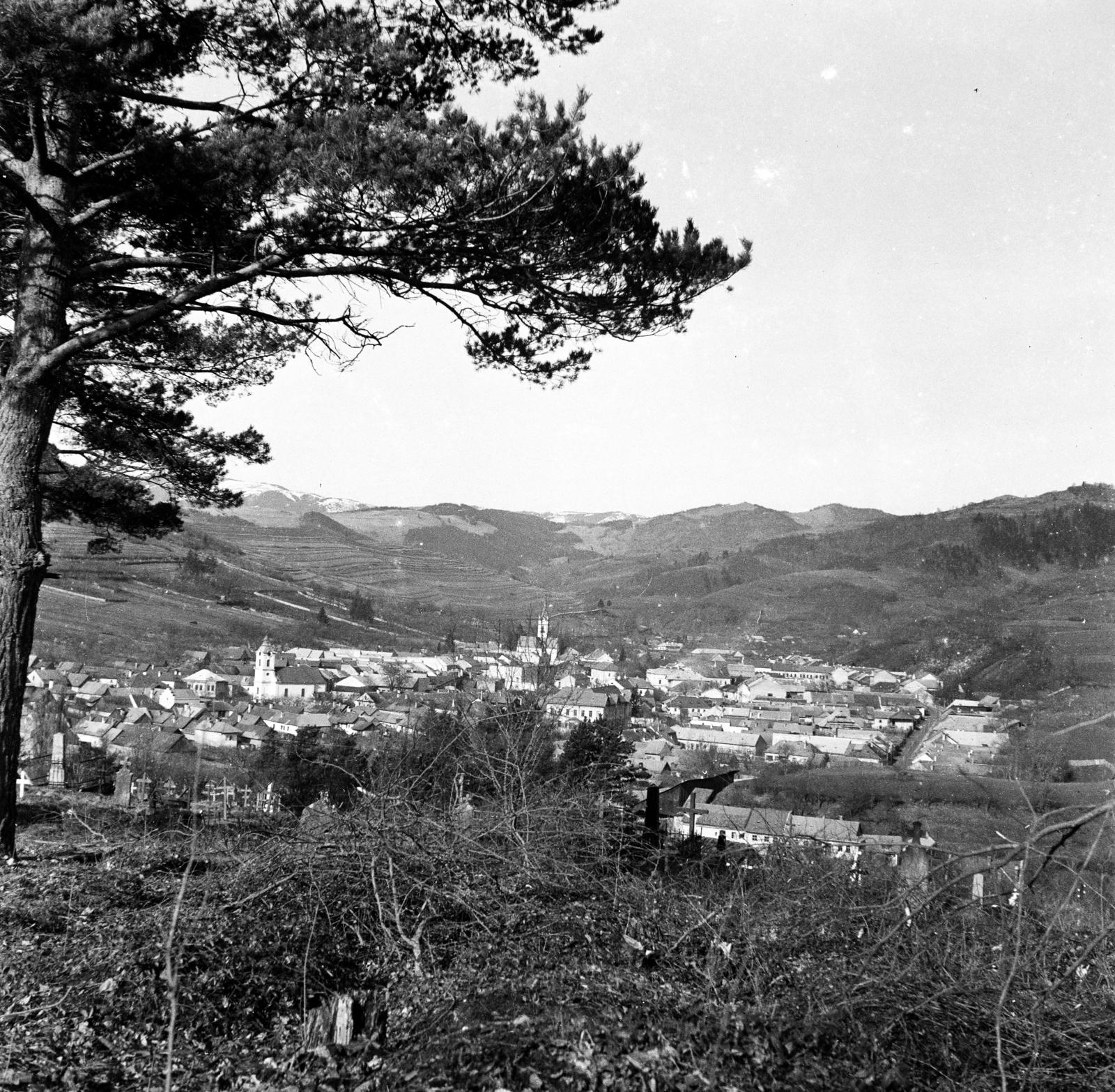 Slovakia, Dobšiná, a város látképe, balra a Xavéri Szent Ferenc-templom, távolabb az evangélikus templom., 1917, Urbánné dr. Lux Judit, valley, picture, landscape, photo aspect ratio: square, Fortepan #294628