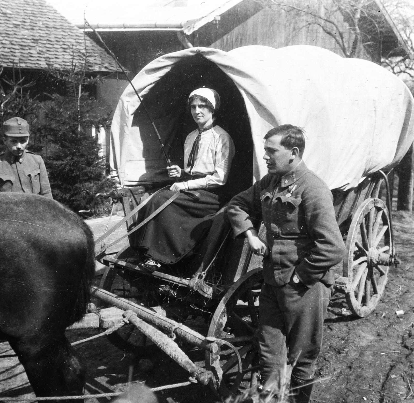 1916, Urbánné dr. Lux Judit, Lux Gyula, Best of, nő, lovaskocsi, ostor, első világháború, szekér, Fortepan #294703