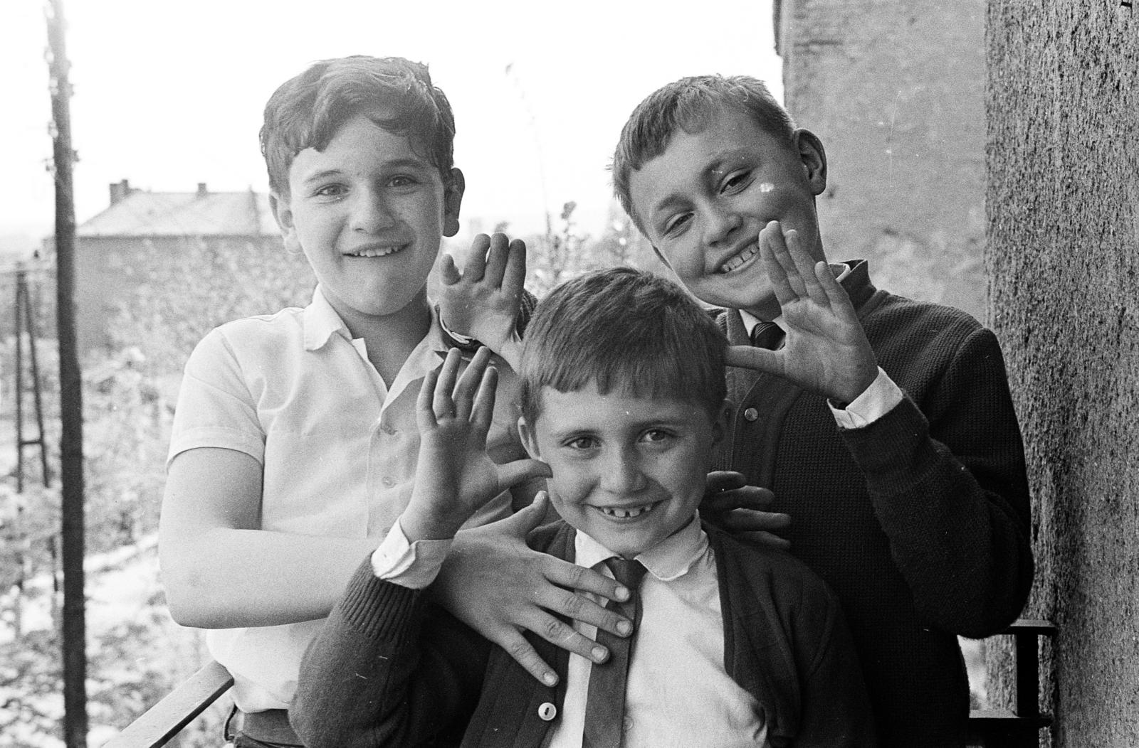 1969, Tóth Lajos, Best of, three people, gesture, jesting, smile, boys, Fortepan #295226