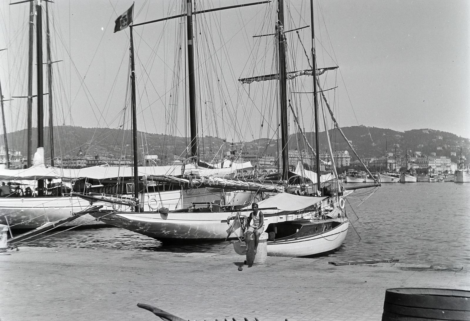 France, Cannes, Quai Saint-Pierre, kikötő., 1934, Karsai Kata, sailboat, Fortepan #295530