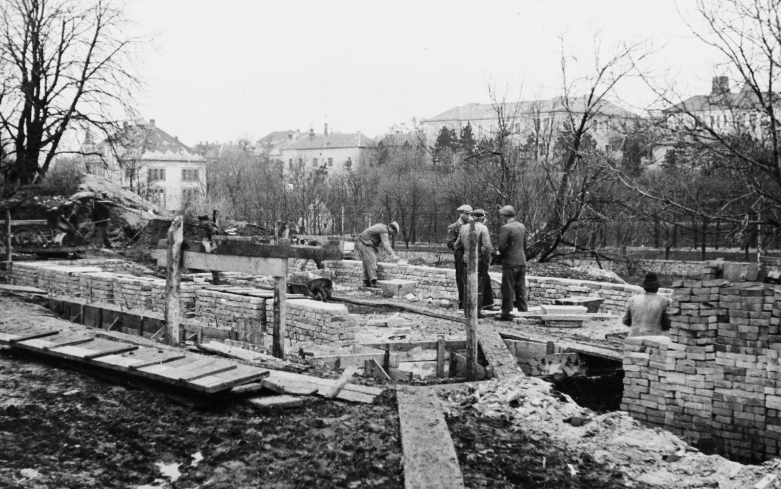 Magyarország, Veszprém, Egyetem (Schönherz Zoltán) utca, az egyetemi építkezés hátterében balra a Megyei Múzeum (később Laczkó Dezső Múzeum), jobb szélen a Veszprém Megyei Tanács Kórházának épületei., 1950, Polinszky Tibor, Fortepan #295666