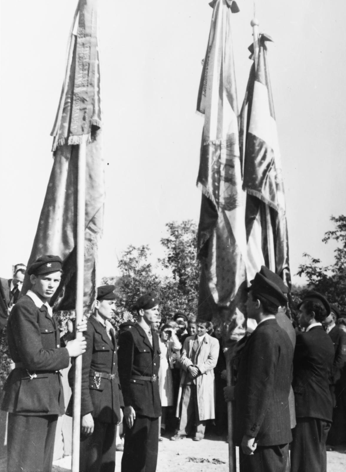 Magyarország, Veszprém, a Budapesti Műszaki Egyetem Veszprémre kihelyezett nehézvegyipari karának megnyitó ünnepsége 1949 október 16-án (később Veszprémi Vegyipari Egyetem, majd Pannon Egyetem). A péti, fűzfői és ajkai üzemek dolgozói adományoztak zászlókat az egyetem ifjúságának., 1949, Polinszky Tibor, Fortepan #295671