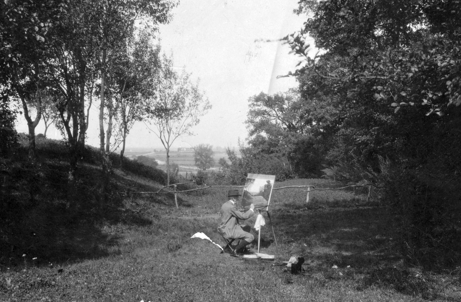 Romania,Transylvania, Sînmartin, Püspökfürdő, az erdő szélén Cholnoky Jenő földrajztudós fest., 1913, Cholnoky Tamás, painting, Fortepan #29786