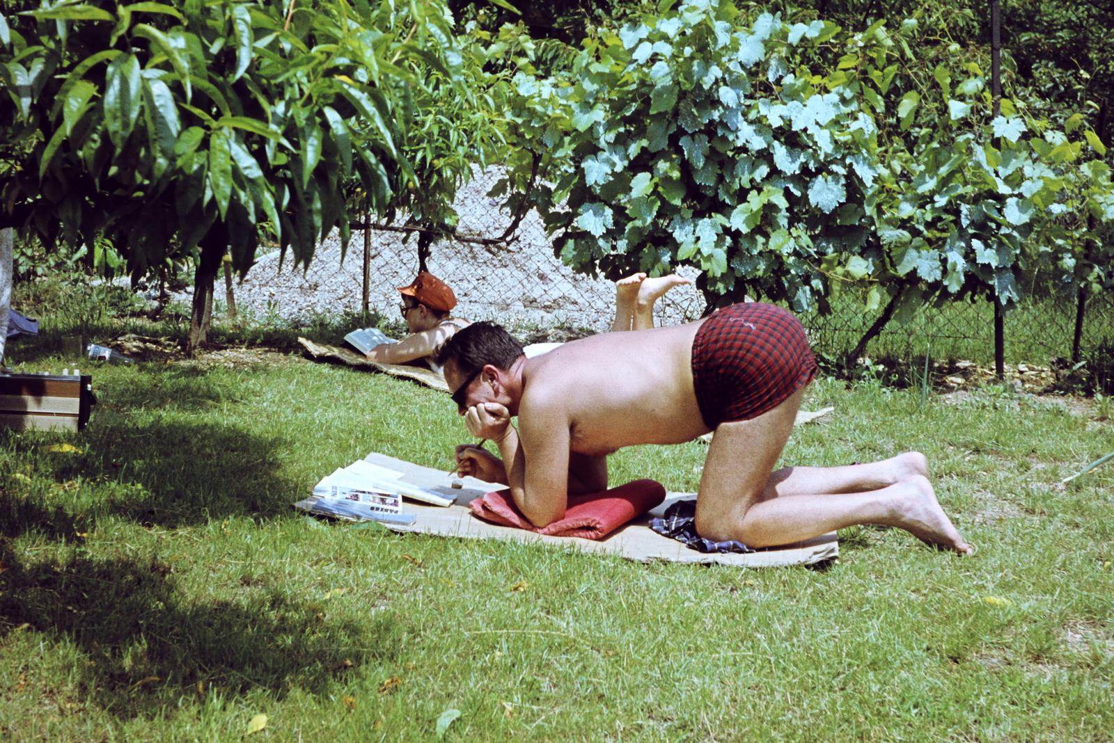 1968, Gépész, Best of, színes, támaszkodás, nyár, írás, fejtámasztás, Fortepan #300069