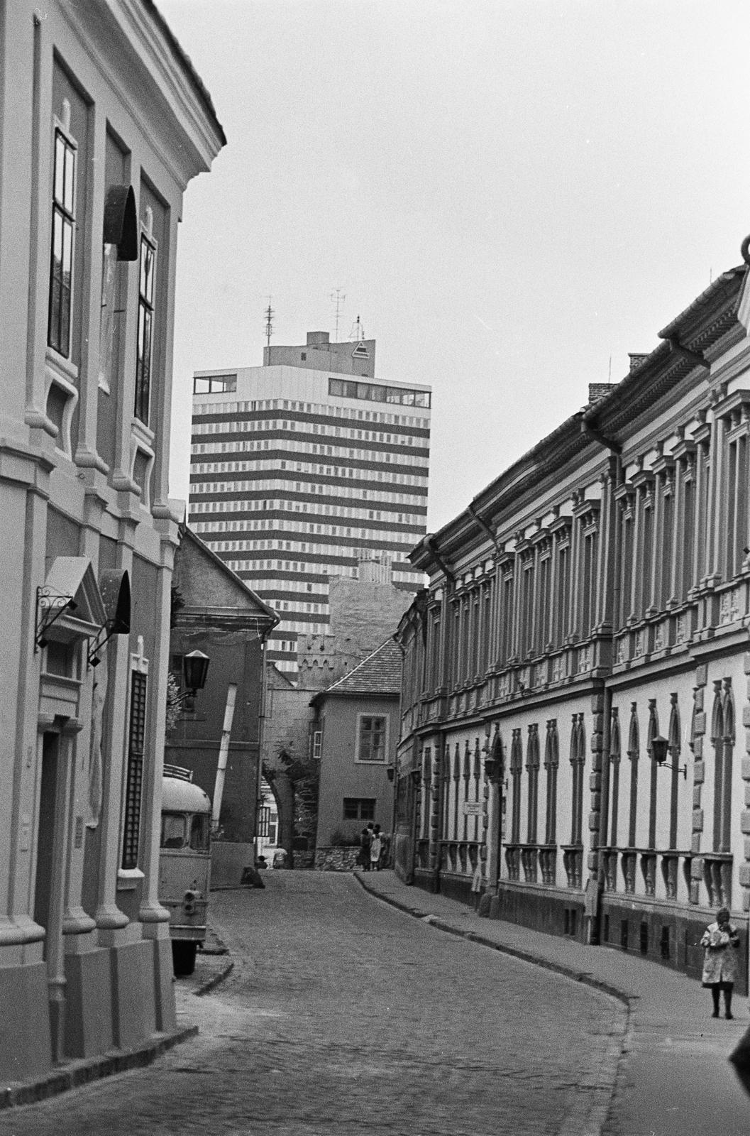 Hungary, Veszprém, Vár (Tolbuhin) utca, háttérben a húszemeletes toronyház., 1974, Illés Zoltán, Fortepan #300188