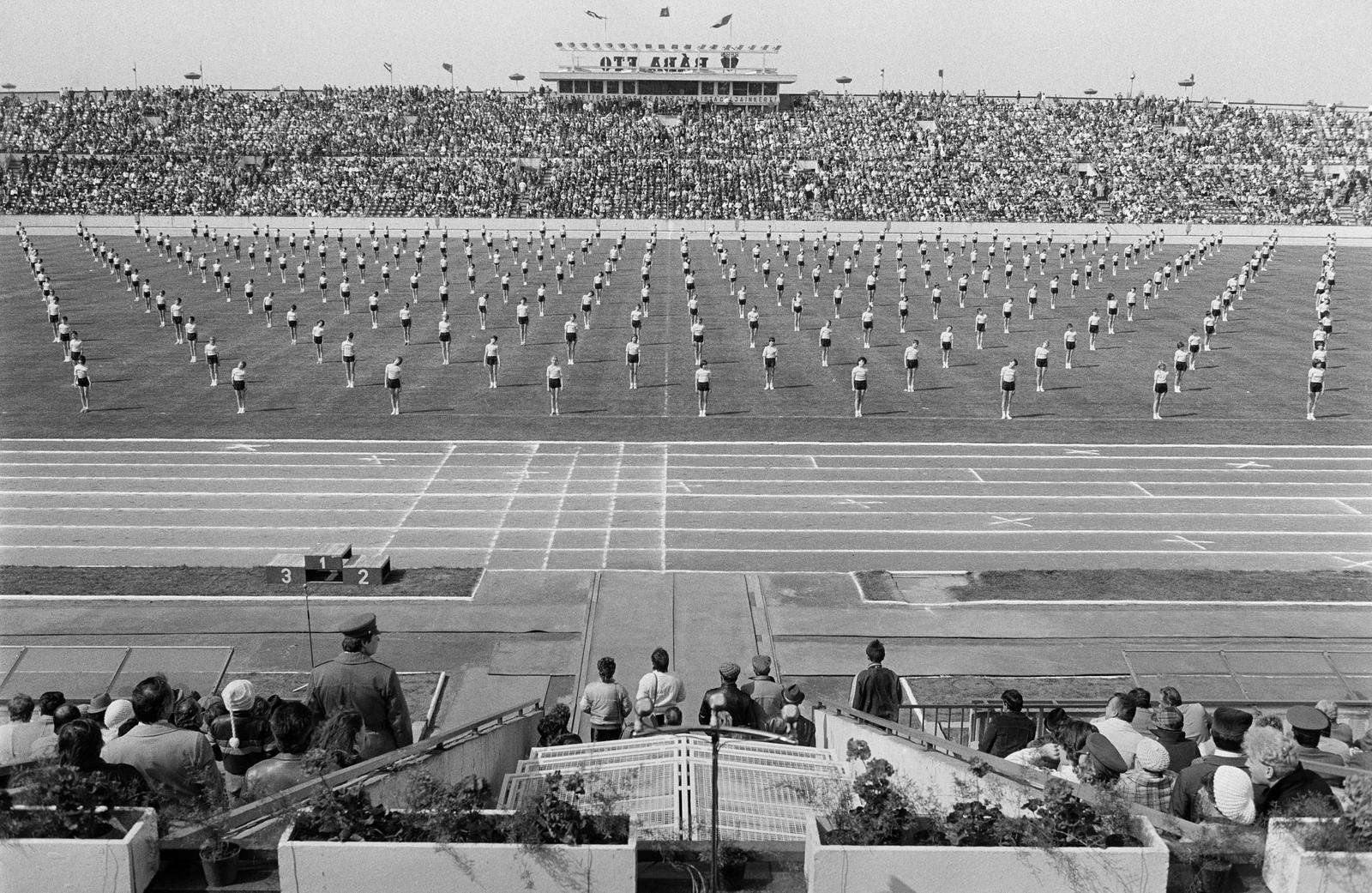 Hungary, Győr, Rába ETO stadion, május 1-i seregszemle. Az általános iskolások szemet gyönyörködtető gyakorlata., 1985, Illés Zoltán, Fortepan #300295