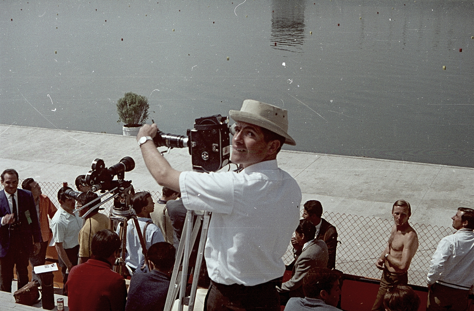 1959, Csőke József, filming, colorful, movie camera, half-naked, Fortepan #30035