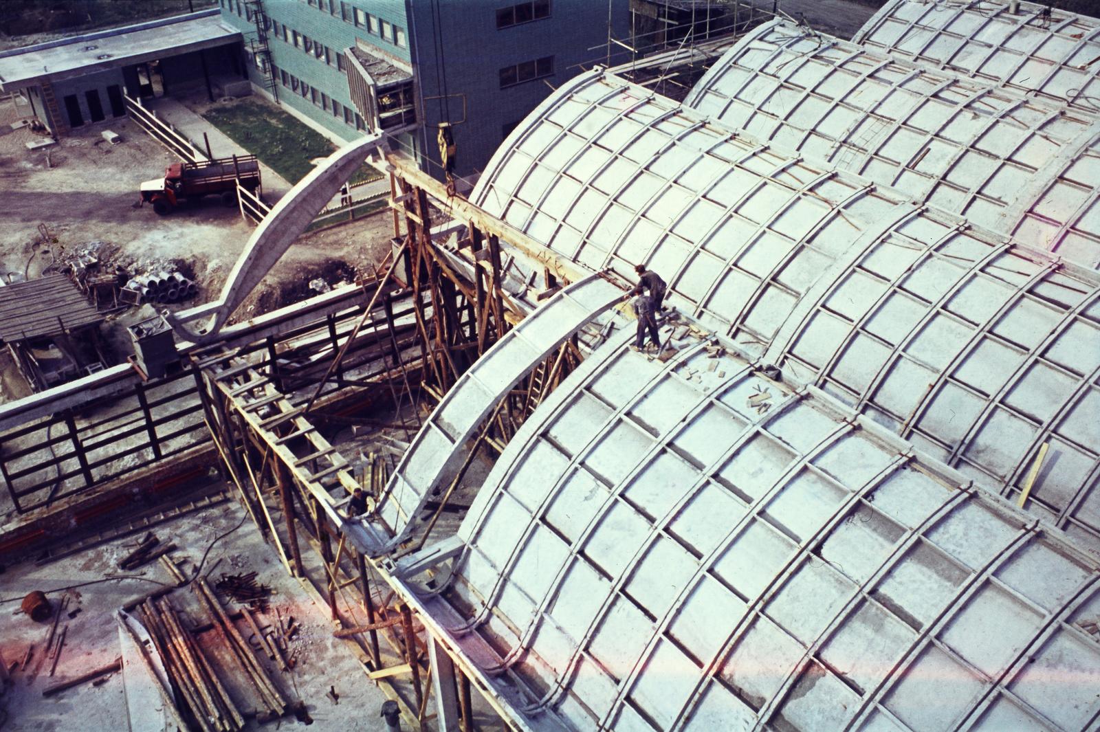 Magyarország, Budapest XI., Nándorfejérvári út, a Fővárosi Patyolat Vállalat mosó, vasaló és tisztító üzemének építkezése., 1967, Mnyerczán Tamás, tetőfedő, építkezés, Budapest, színes, Fortepan #300479