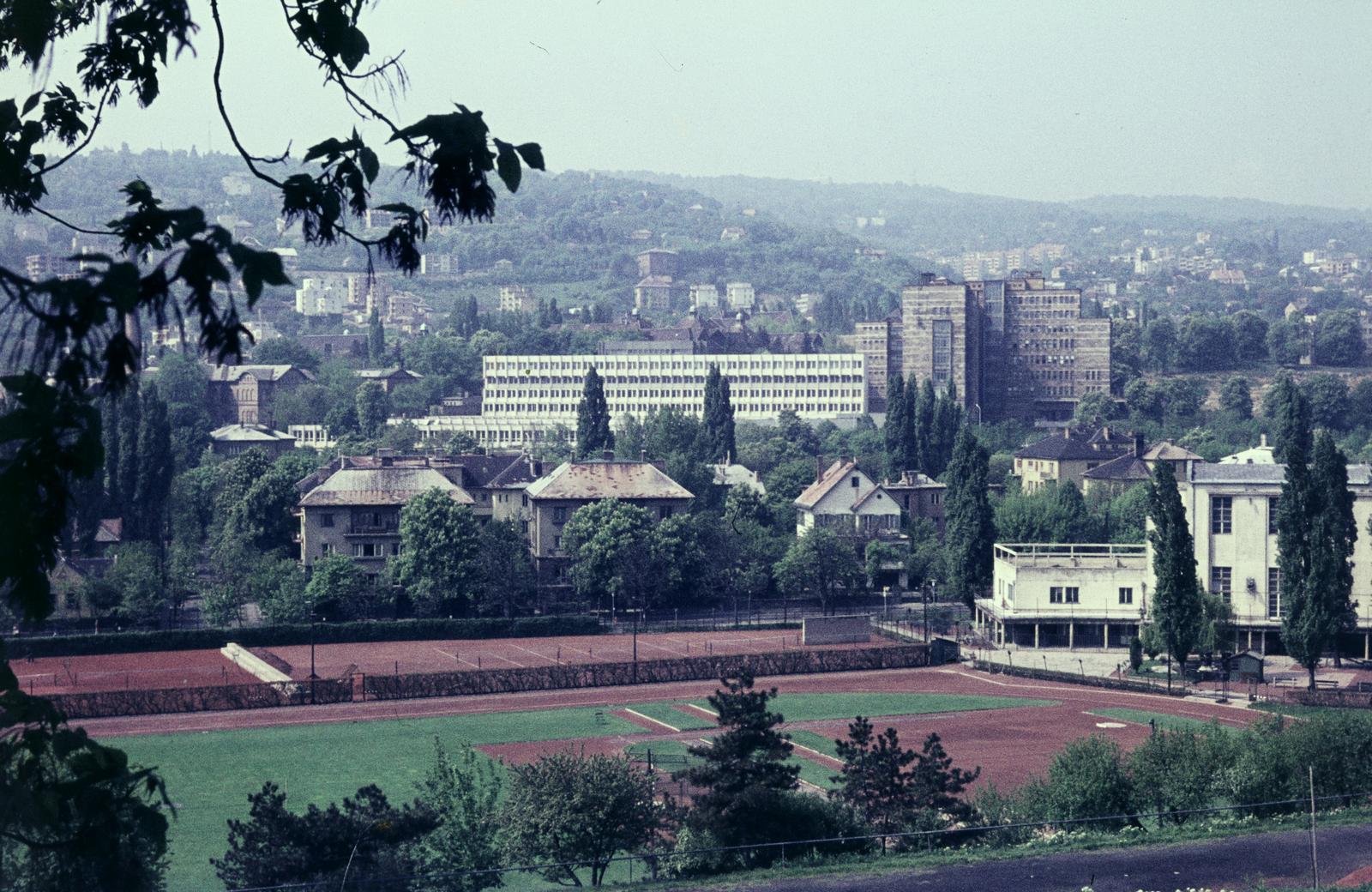 Magyarország, Budapest II., Pasaréti út, a Vasas sporttelepe, a felvétel a Herman Ottó utca közelében készült. Szemben a Kútvölgyi úti Központi Állami Kórház (később Észak-Közép-budai Centrum, Új Szent János Kórház és Szakrendelő Kútvölgyi Tömb)., 1975, Mnyerczán Tamás, Budapest, Fortepan #300545