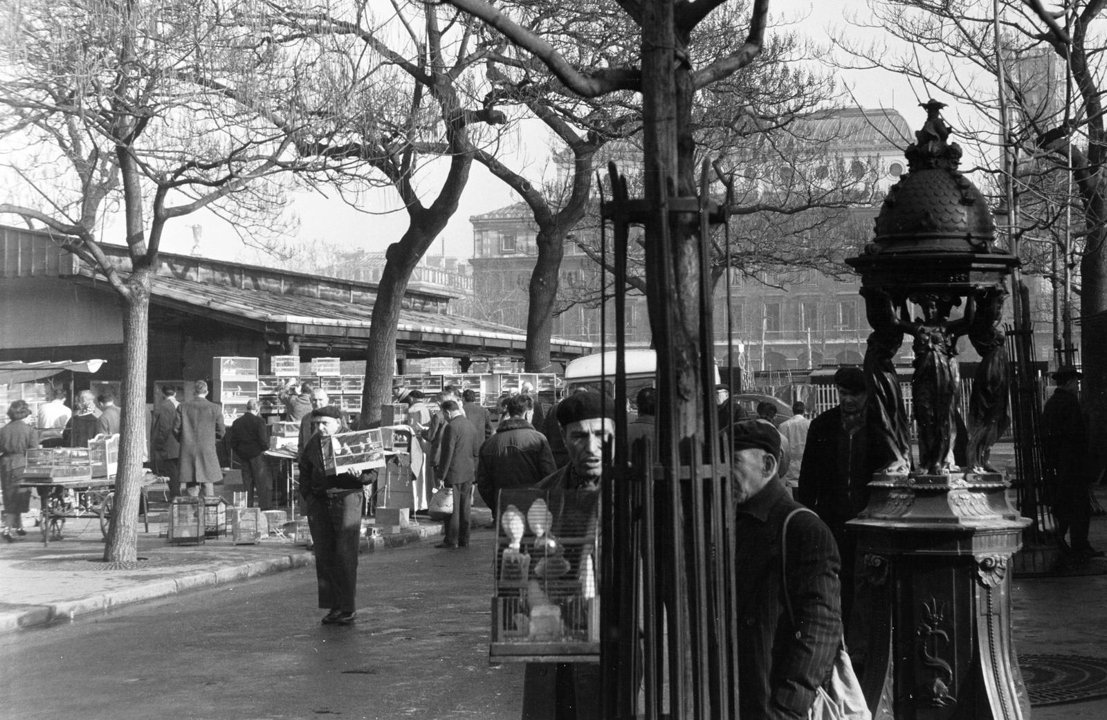 France, Paris, Cité-sziget, Place Louis-Lépine, előtérben jobbra egy Wallace-kút., 1961, Szalay János, Fortepan #300825