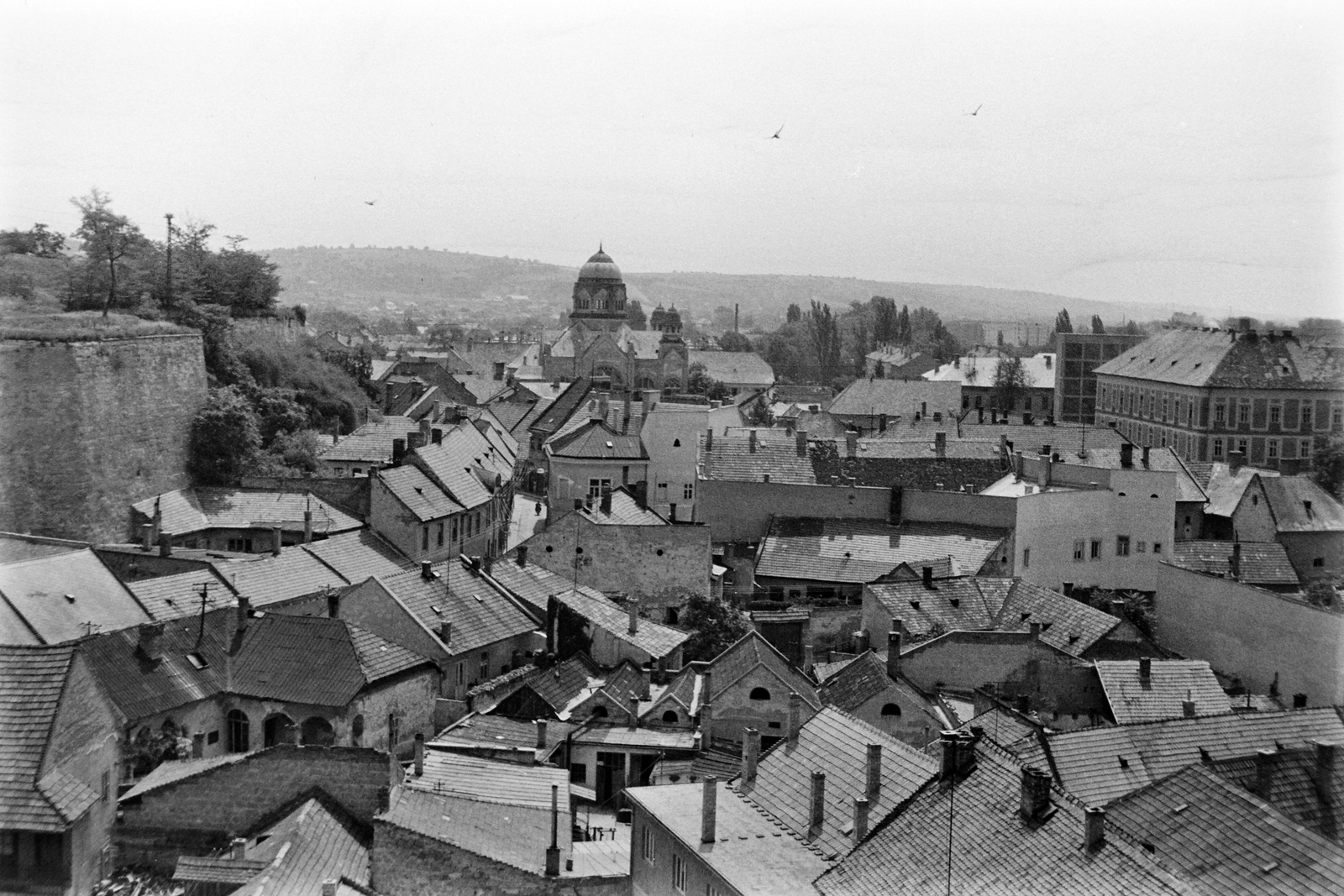 Hungary, Eger, látkép a Minaretből, balra a vár, szemben a zsinagóga., 1965, Németh Tamás, synagogue, roof, chimney, judaism, eclectic architecture, Lipót Baumhorn-design, Fortepan #30119