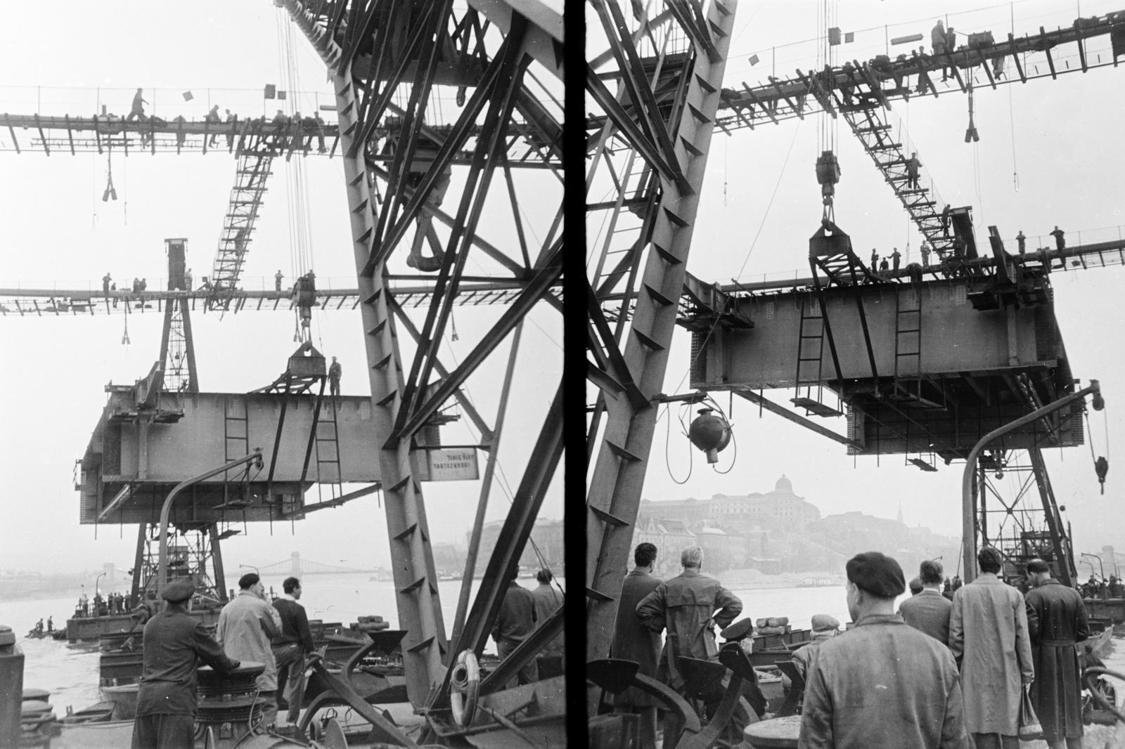Hungary, Budapest, az Erzsébet híd építése, pályaegység beemelése., 1963, Szalay János, Fortepan #301244