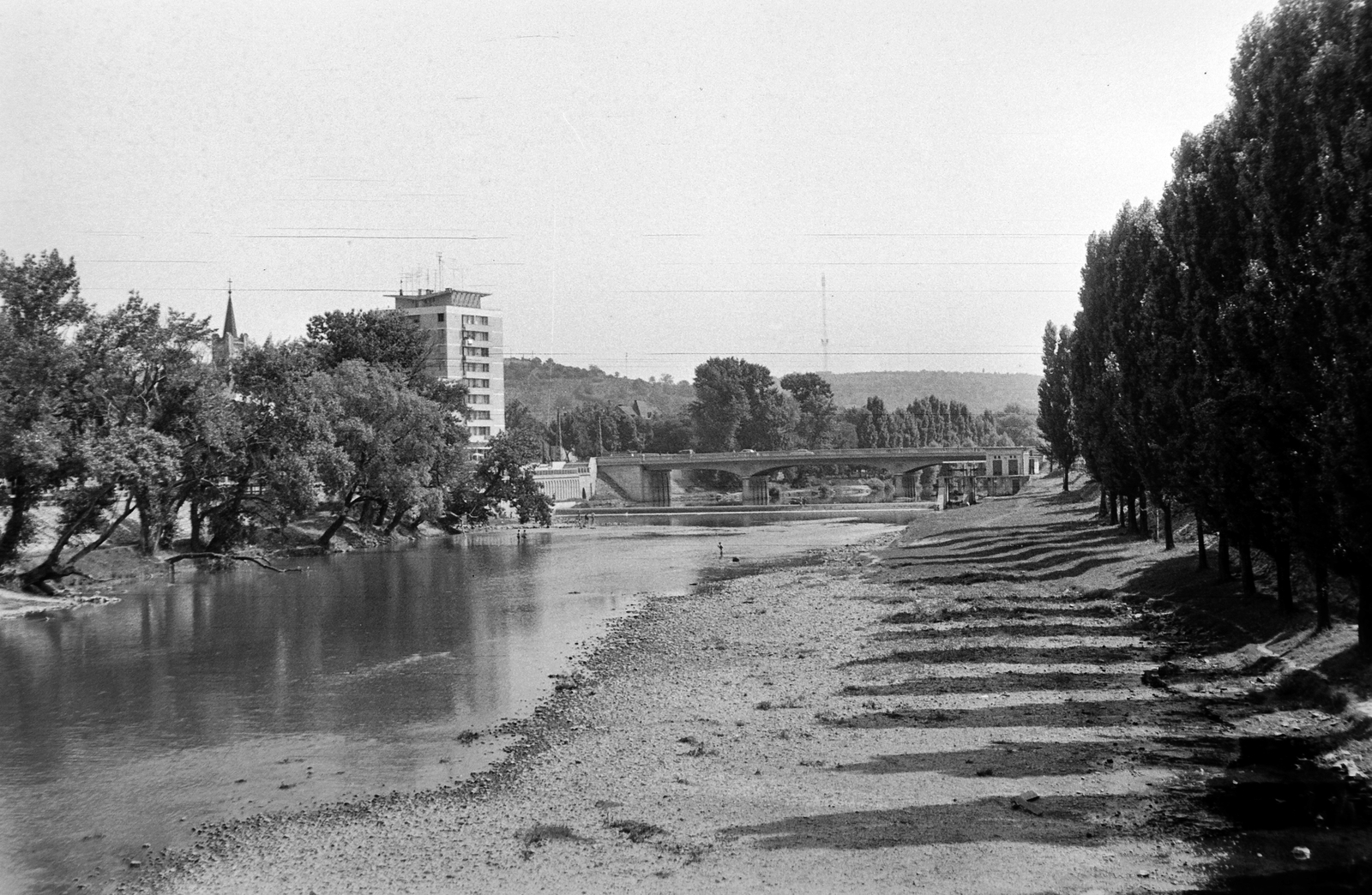 Romania,Transylvania, Oradea, Sebes-Körös, szemben a Baross híd (Dacia híd). Balra a görögkatolikus szemináriumi templom (később ortodox templom) tornya látszik., 1963, Németh Tamás, bridge, river, Fortepan #30148