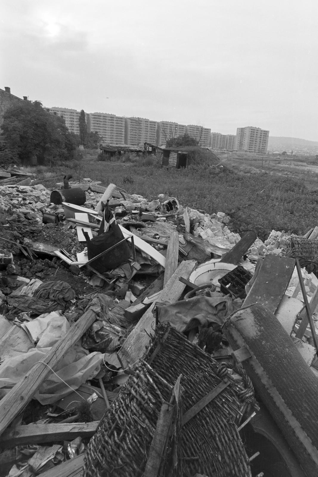 Hungary, Budapest XI., előtérben a lebontott Péterhegyi út 14. számú ház maradványai, később erre a területre helyezték át a Kelenföldi vasútvonalat és itt alakították ki a Zelk Zoltán utat. Háttérben az Őrmezői lakótelep, a Menyecske utca melletti háztömb., 1985, Szaller Károly, Budapest, Fortepan #301620