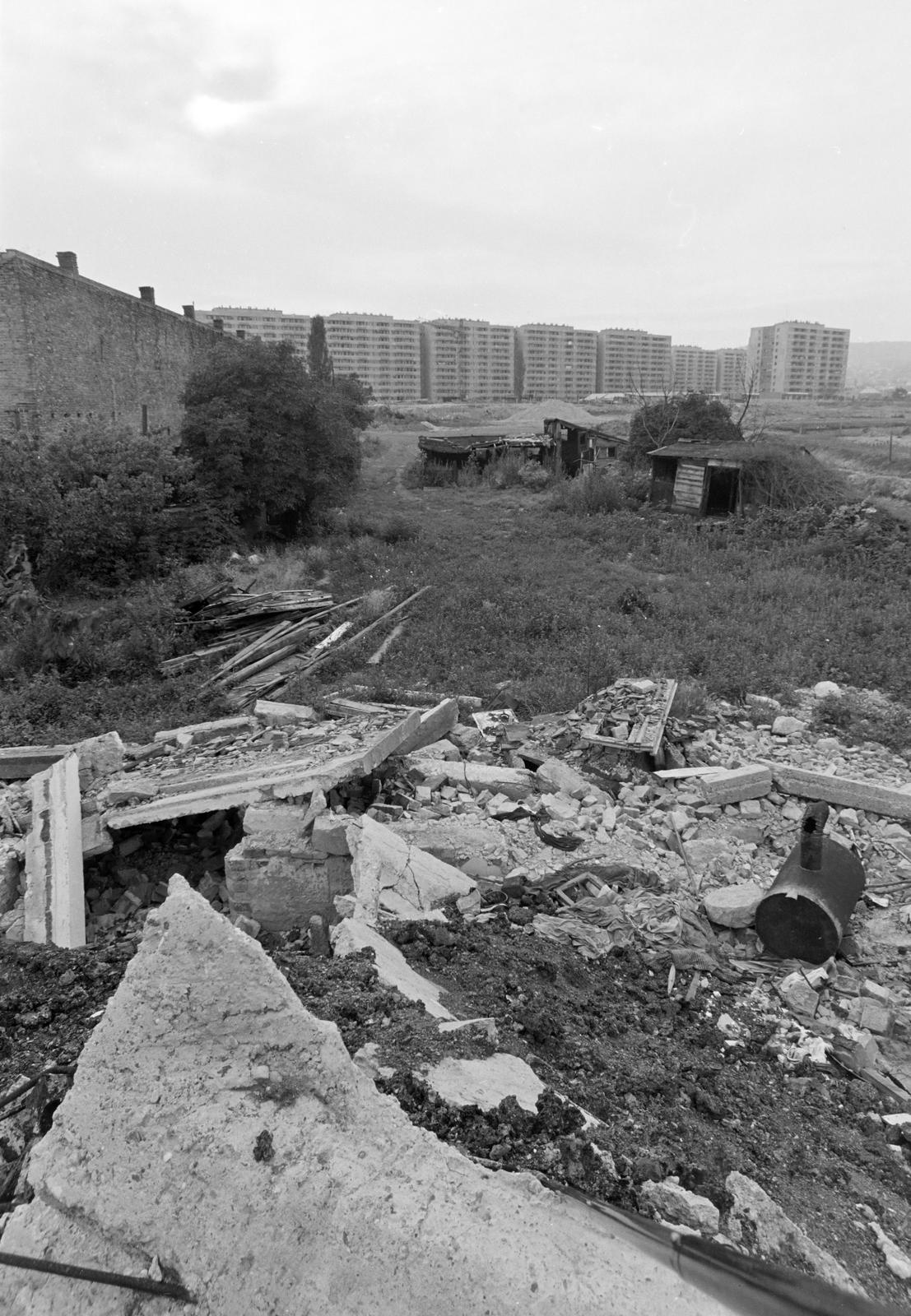 Magyarország, Budapest XI., előtérben a lebontott Péterhegyi út 14. számú ház maradványai, később erre a területre helyezték át a Kelenföldi vasútvonalat és itt alakították ki a Zelk Zoltán utat. Háttérben az Őrmezői lakótelep, a Menyecske utca melletti háztömb., 1985, Szaller Károly, Budapest, Fortepan #301621