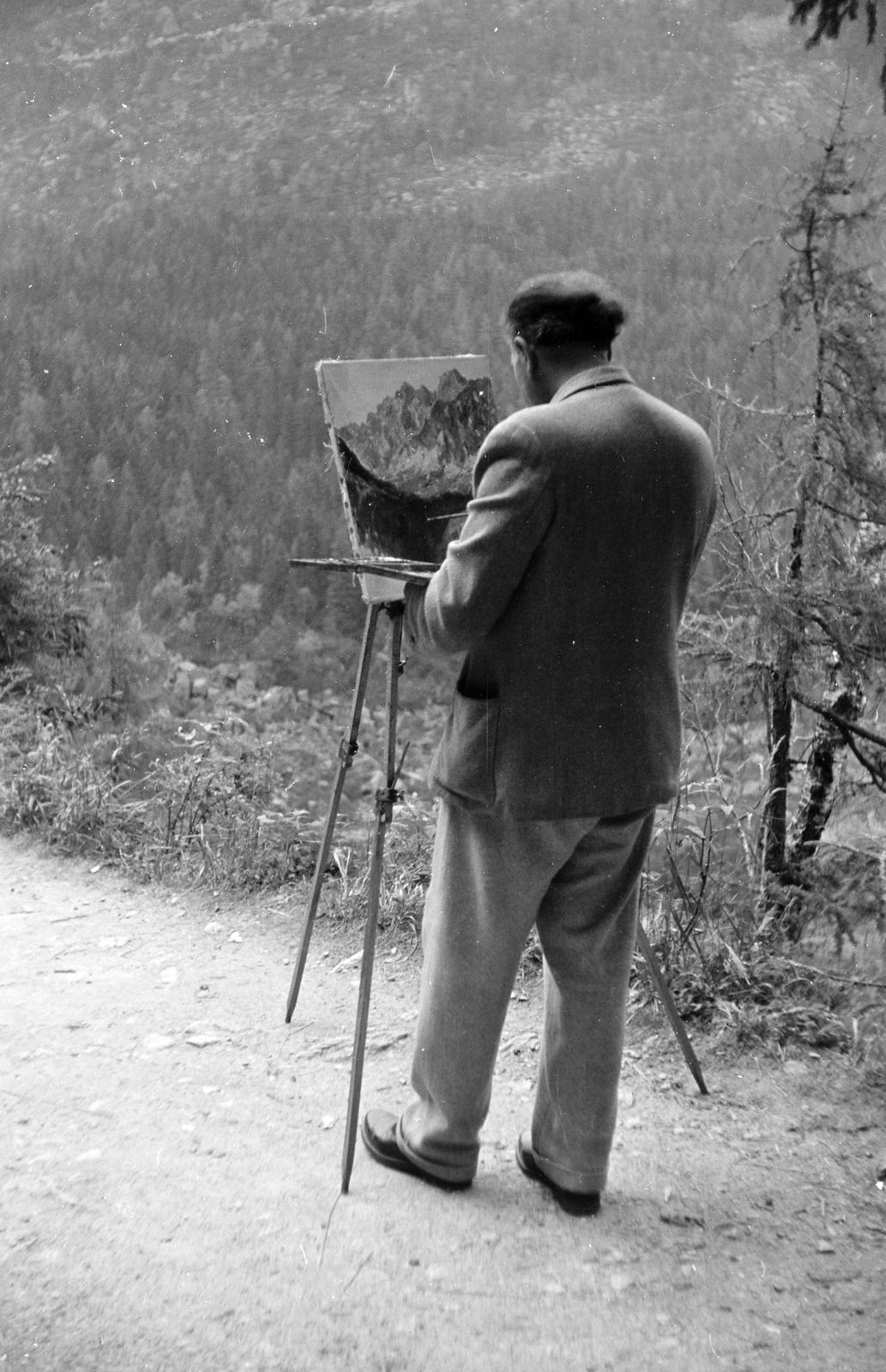 Szlovákia, Magas-Tátra, Nagy-Tarpataki-völgy., 1958, Szalontai Tamás, háttal, festő, festőállvány, Fortepan #301777