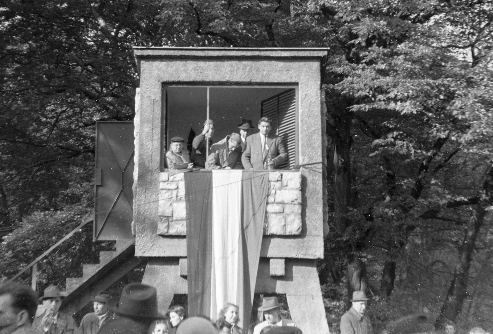 1960, Szalontai Tamás, microphone, iron stairs, flag, Fortepan #301955