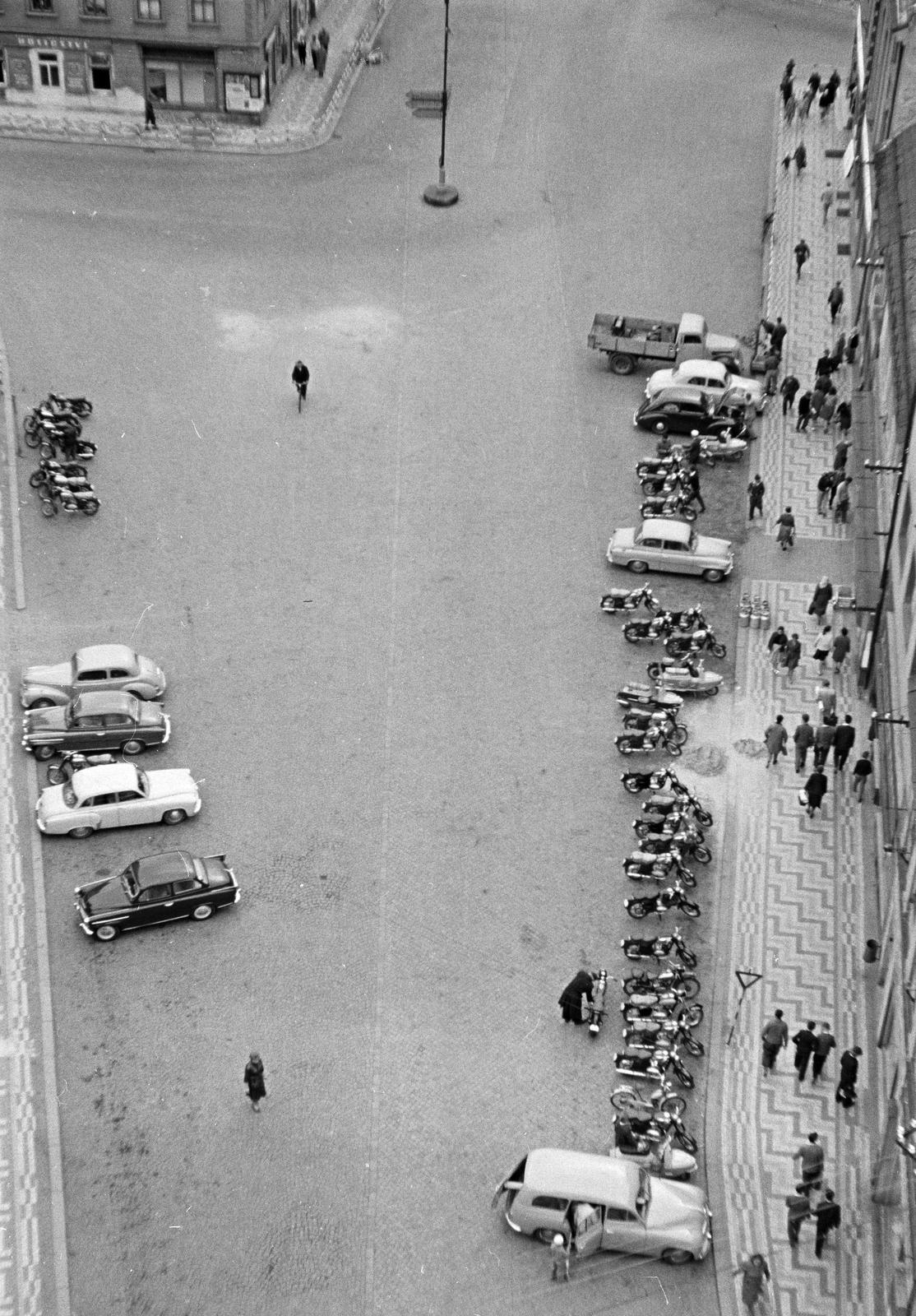 1961, Szalontai Tamás, motorcycle, pedestrian, mosaic, pavement, car park, plan view, Fortepan #301998