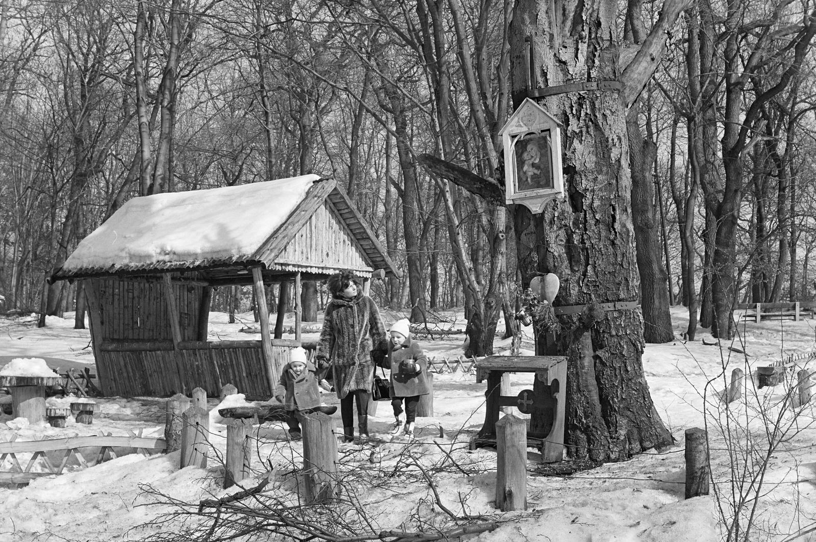 Magyarország, Budapest XII., Jánoshegy, Erzsébet királyné emlékhely, imazsámollyal és Mária képpel., 1970, Szalontai Tamás, imazsámoly, szentkép, tél, erdő, bunda, Budapest, Fortepan #302073