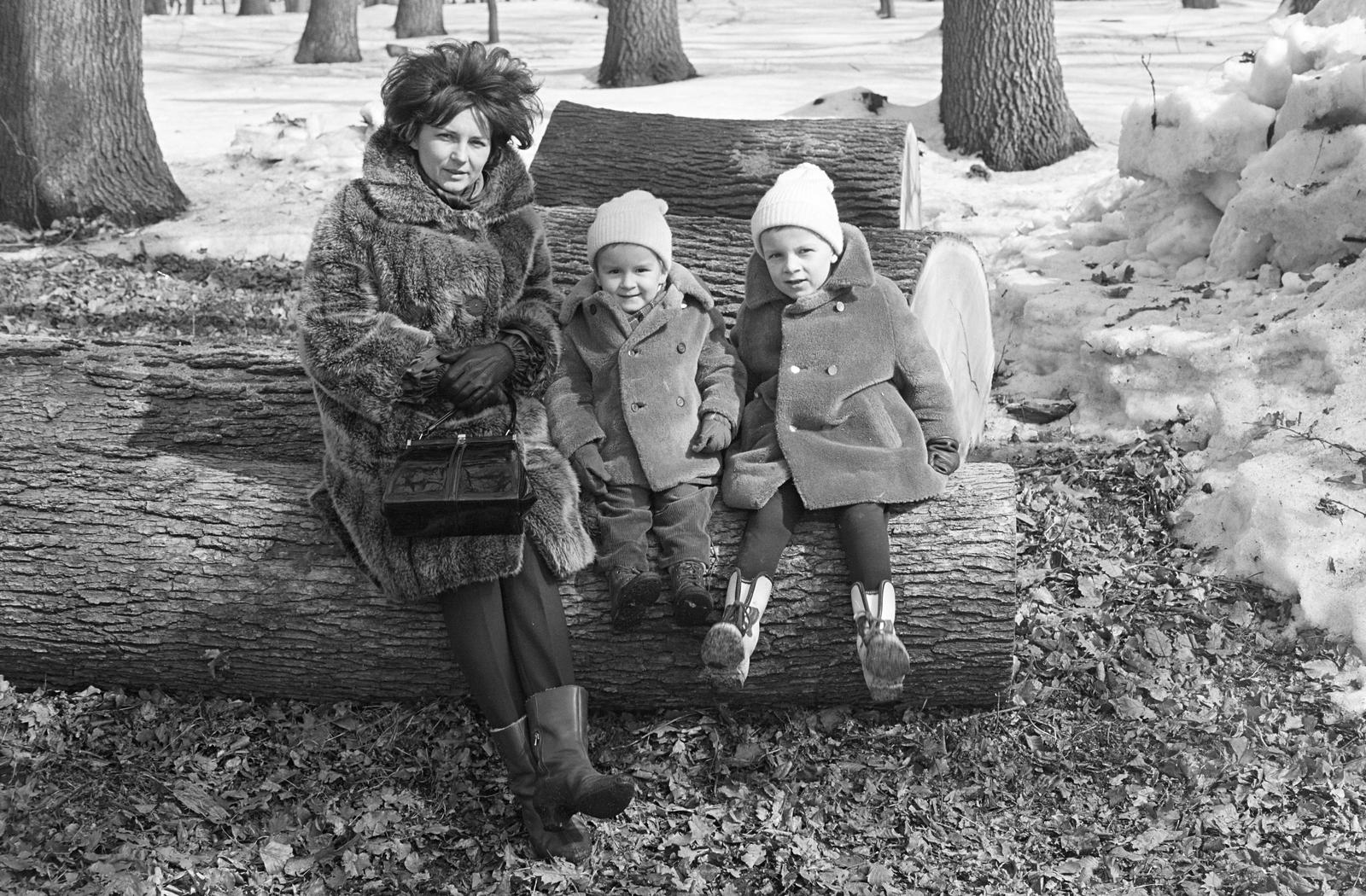 Magyarország, Budapest XII., Jánoshegy., 1970, Szalontai Tamás, farönk, bunda, anya, gyerekek, Budapest, Fortepan #302074