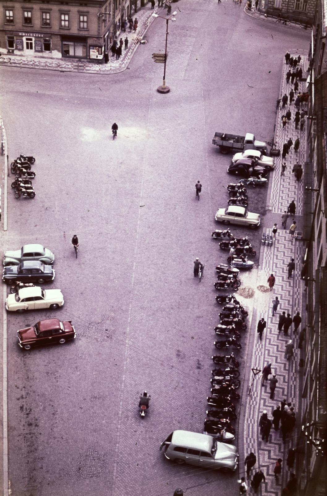 1960, Szalontai Tamás, bicycle, plan view, motorcycle, mosaic, pavement, milk can, car park, automobile, colorful, Fortepan #302142