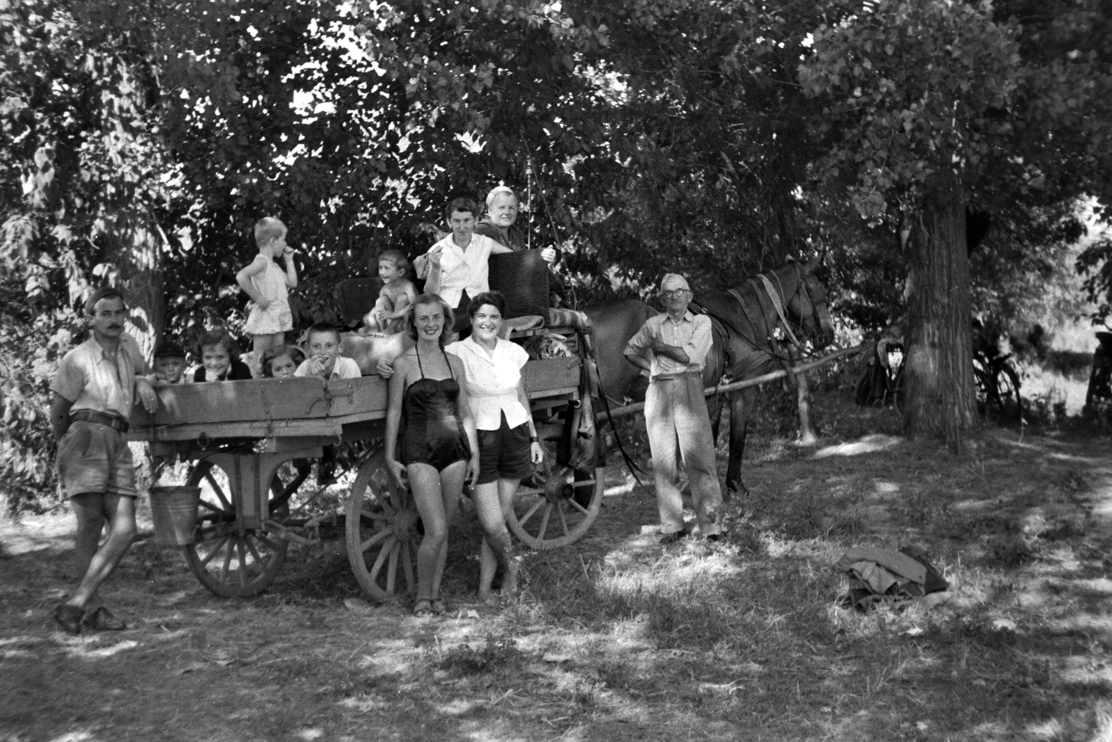 1957, Németh Tamás, bathing suit, tableau, women, men, Horse-drawn carriage, coach, summer, Fortepan #30216