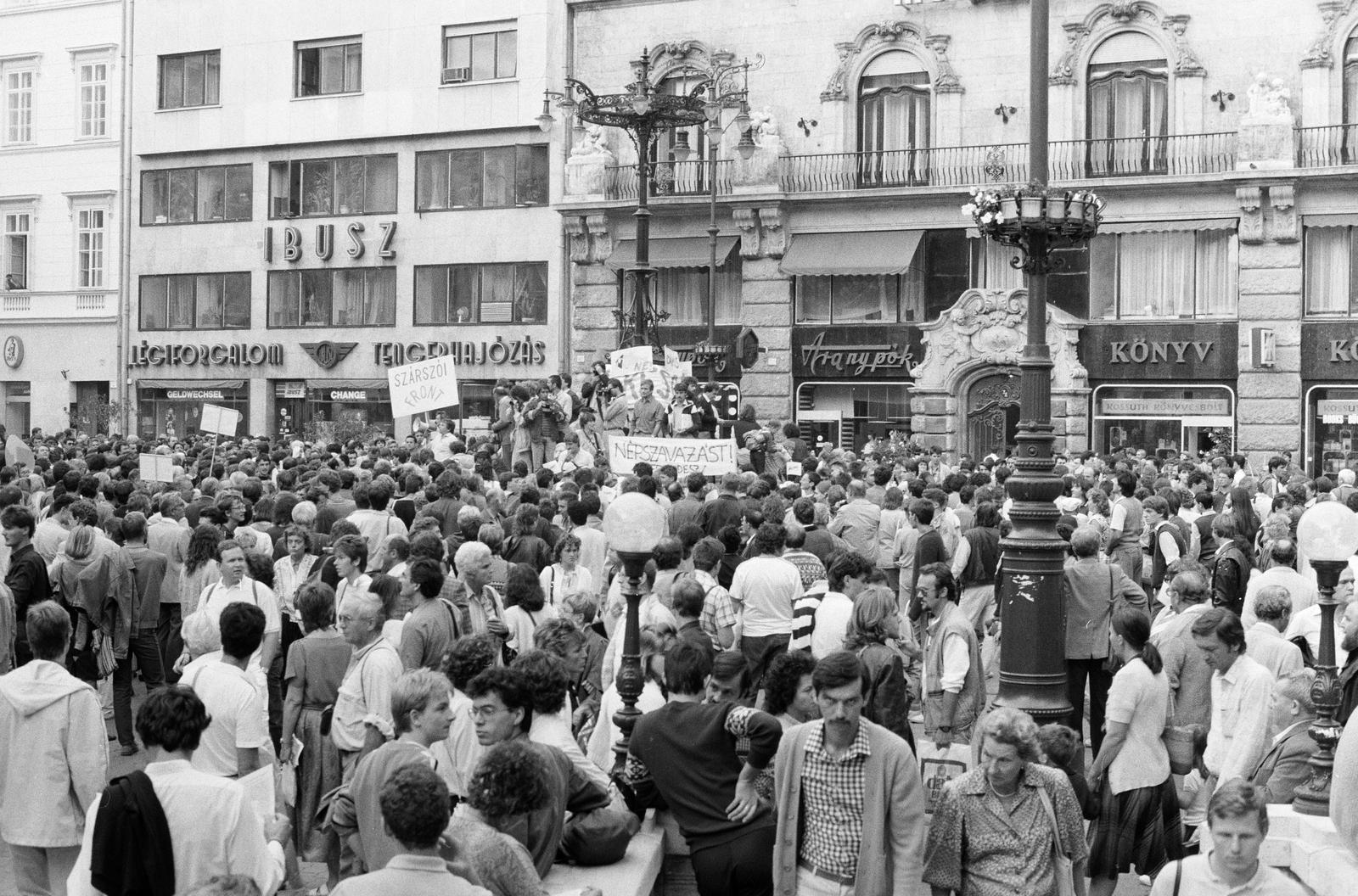 Magyarország, Budapest V., Vörösmarty tér, háttérben az 5-ös és a 4-es számú ház. Tüntetés a bős-nagymarosi vízlépcsőrendszer felépítése ellen, 1988. szeptember 12-én., 1988, Szebeni András, Budapest, Fortepan #302162