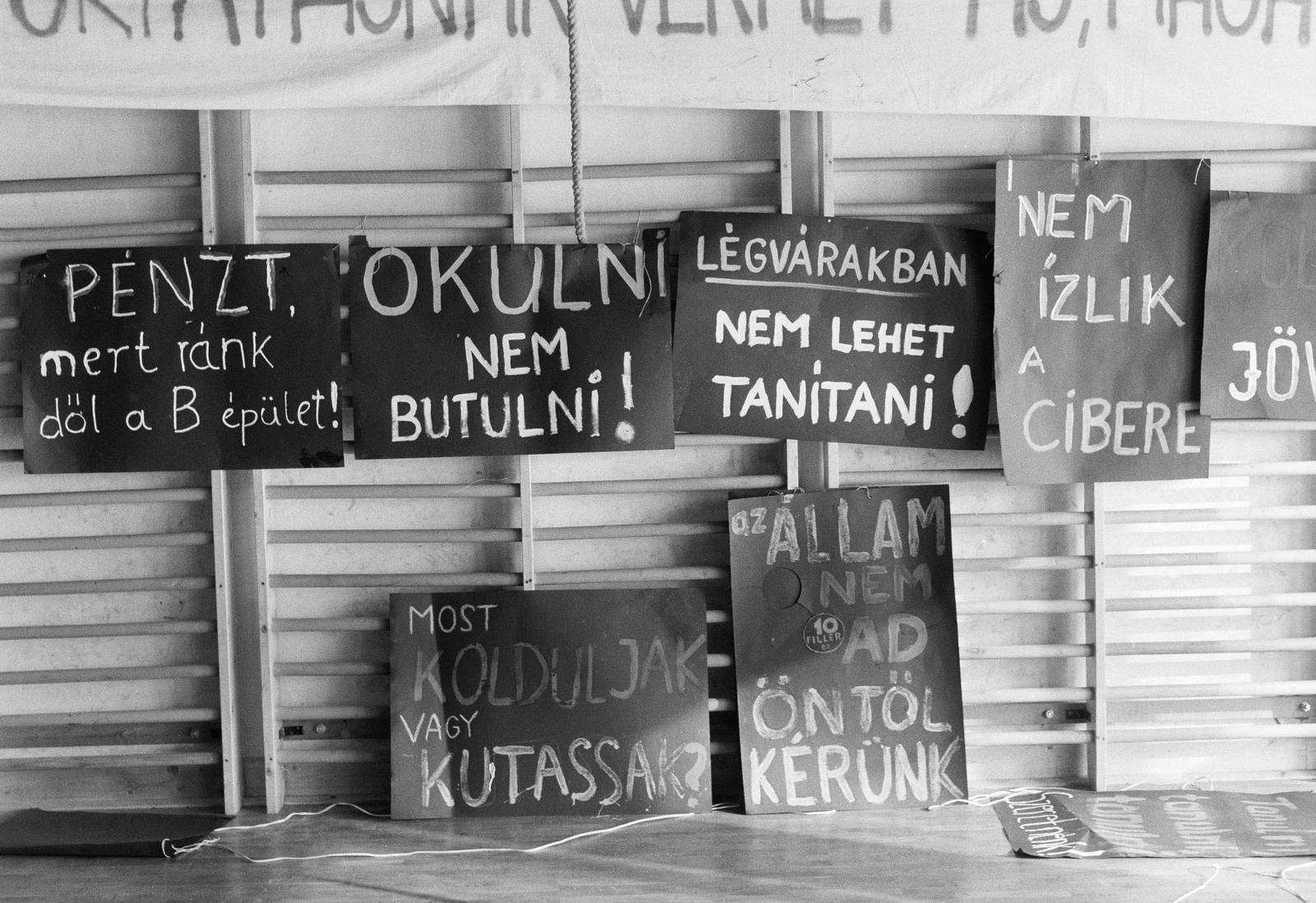Magyarország, demonstráció a felsőoktatás anyagi és tárgyi feltételeinek radikális javításáért., 1988, Szebeni András, transzparens, bordásfal, tornaterem, Fortepan #302309