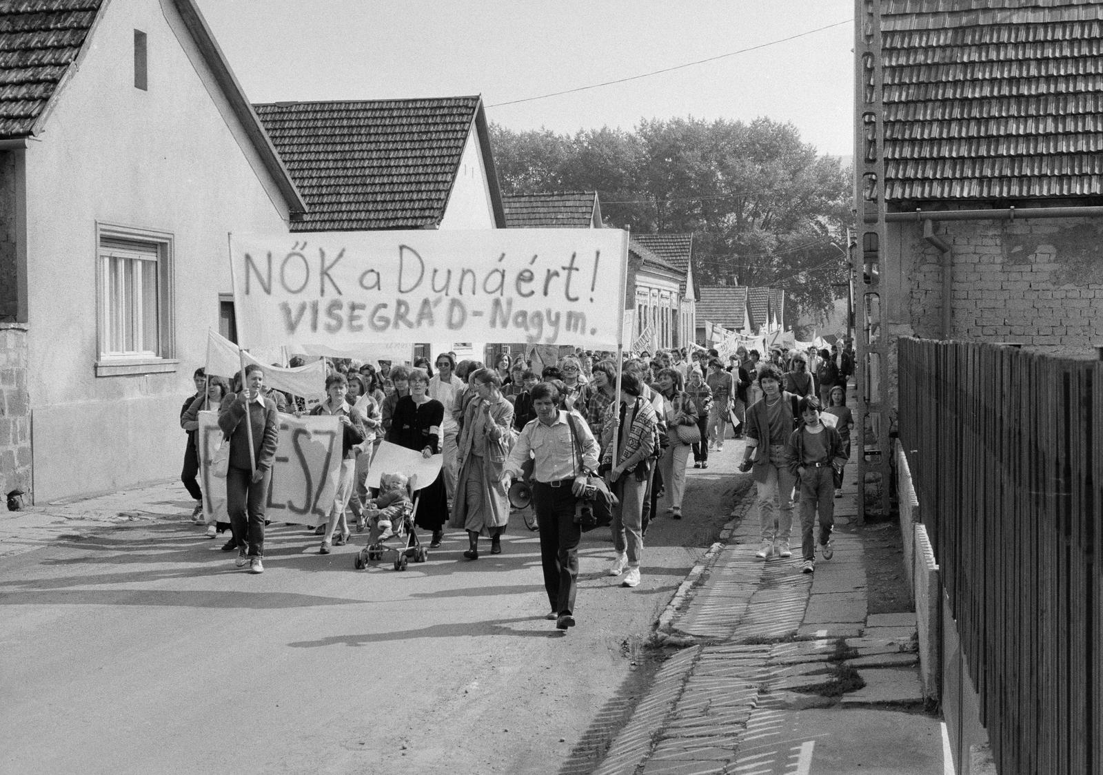 Hungary,Danube Bend, Nagymaros, a Német utca a mai Millennium sor és a Váci út közötti szakaszon, Nők a Dunáért tüntetés résztvevői 1988. szeptember 17-én., 1988, Szebeni András, banner, march, Fortepan #302324