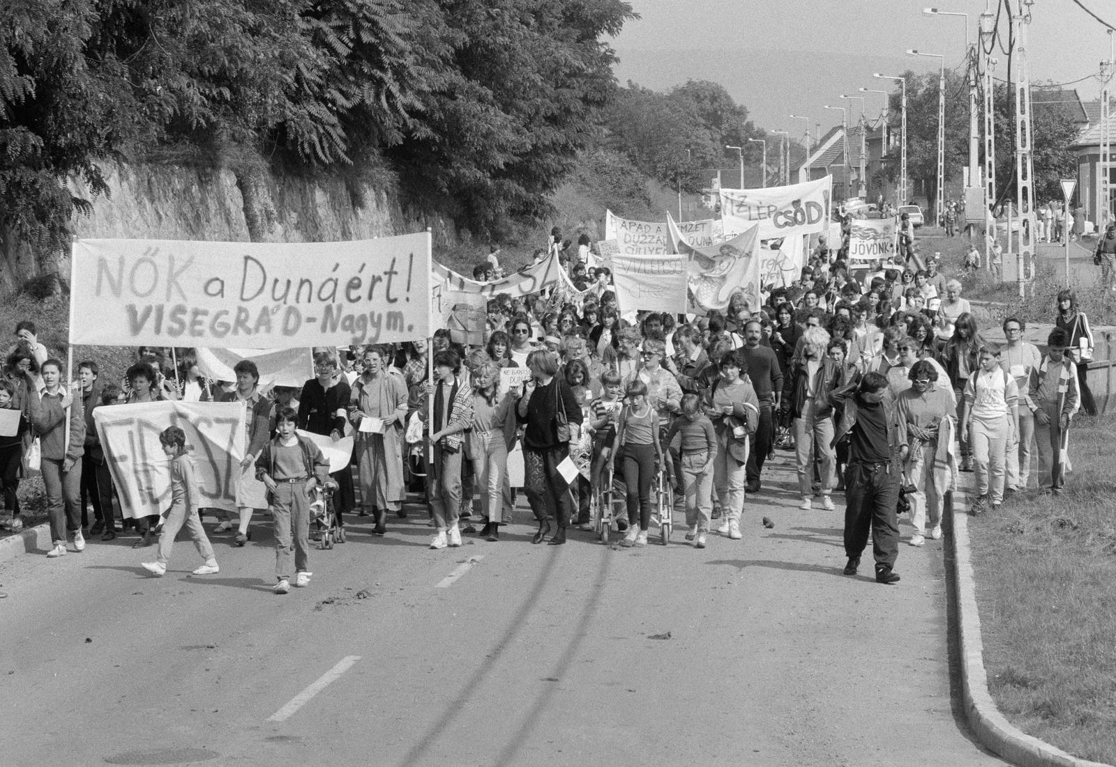 Magyarország,Dunakanyar, Nagymaros, a mai Millennium sor Halász utca - Zoltán utca - Visegrádi utca közötti szakasza, Nők a Dunáért tüntetés résztvevői 1988. szeptember 17-én., 1988, Szebeni András, transzparens, FIDESZ, Fortepan #302330