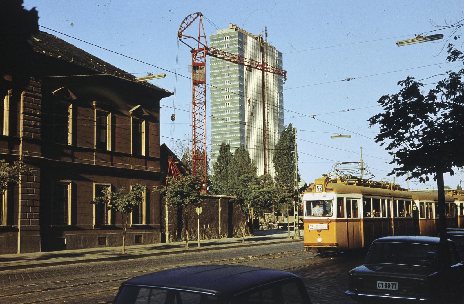 1974, Szomolányi József, high-rise building, colorful, public transport line number, public transport, tram, tower crane, number plate, Fortepan #302624