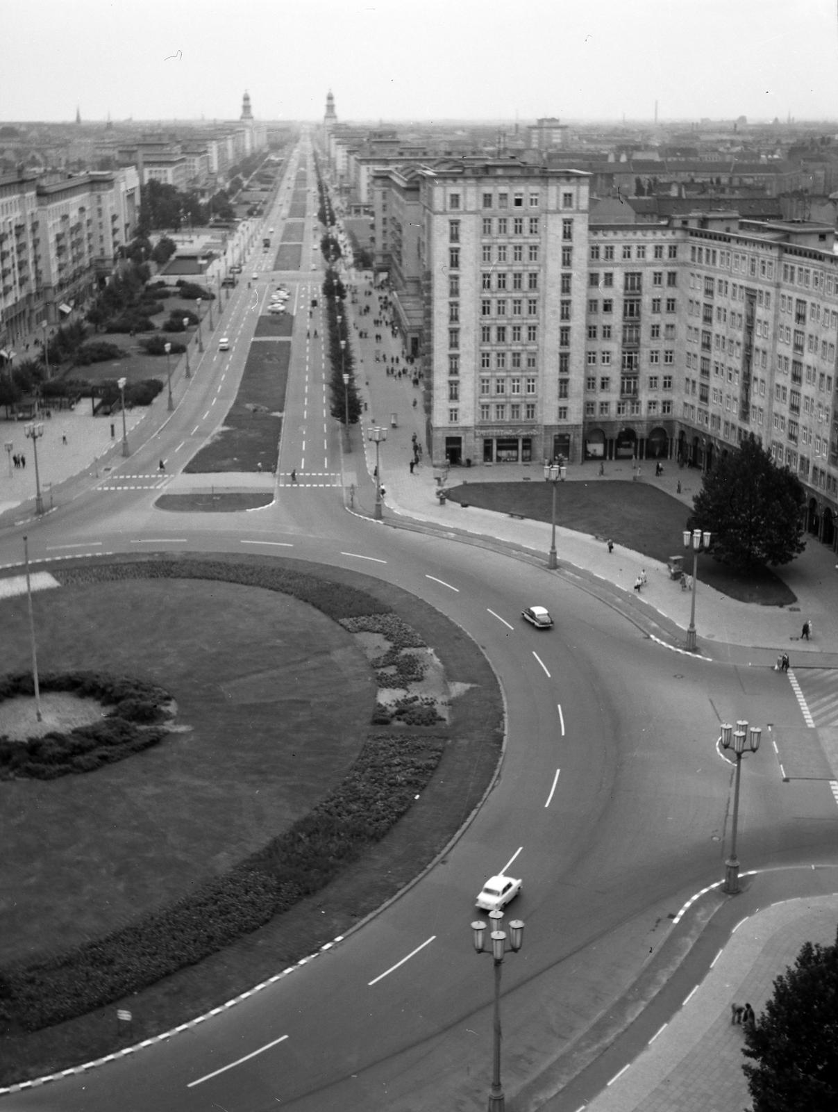 1964, Szomolányi József, modern architecture, street view, tall house, roundabout, Fortepan #302746