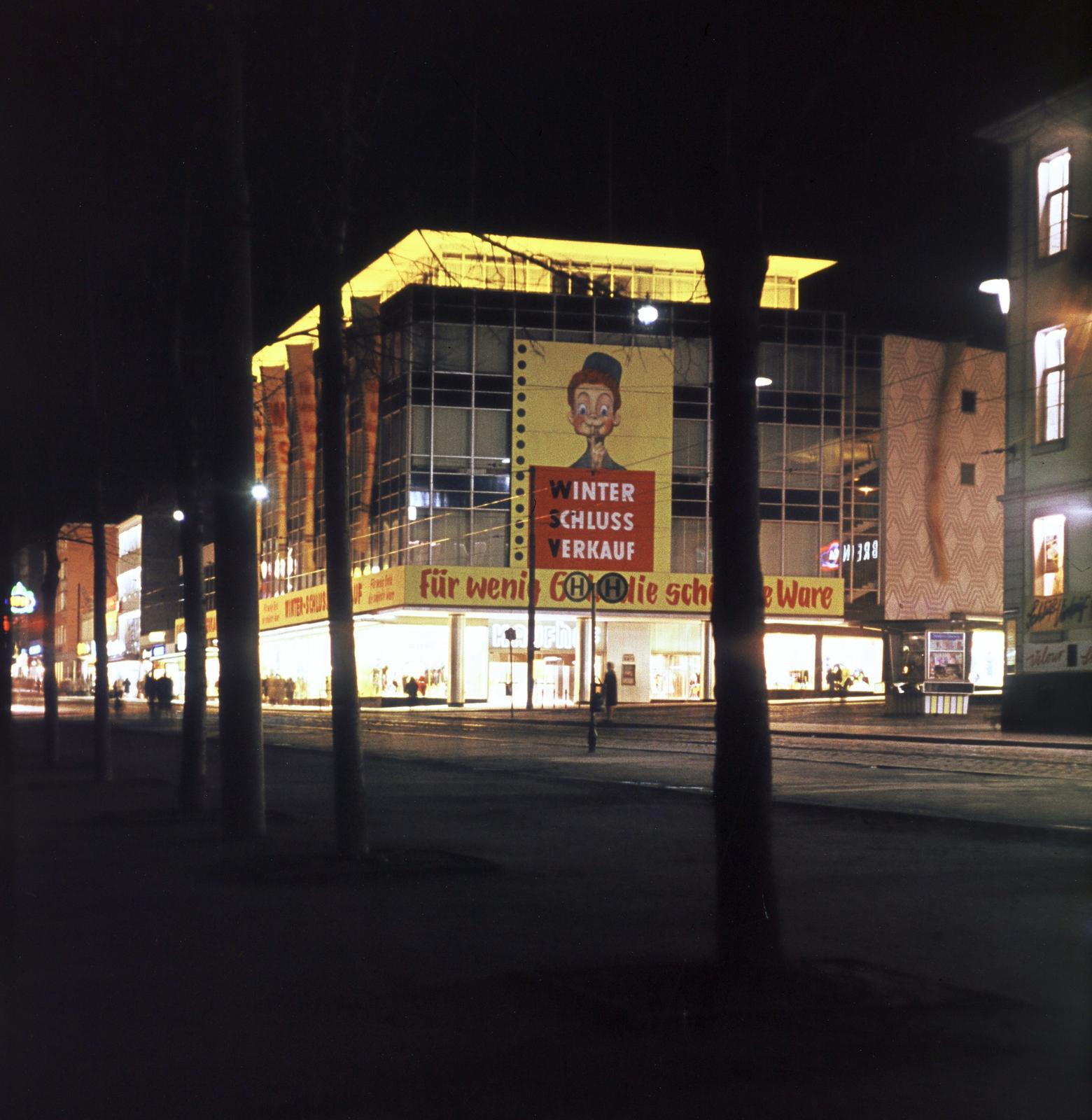 1962, Szomolányi József, modern architecture, colorful, night, german text, ad, Fortepan #302875