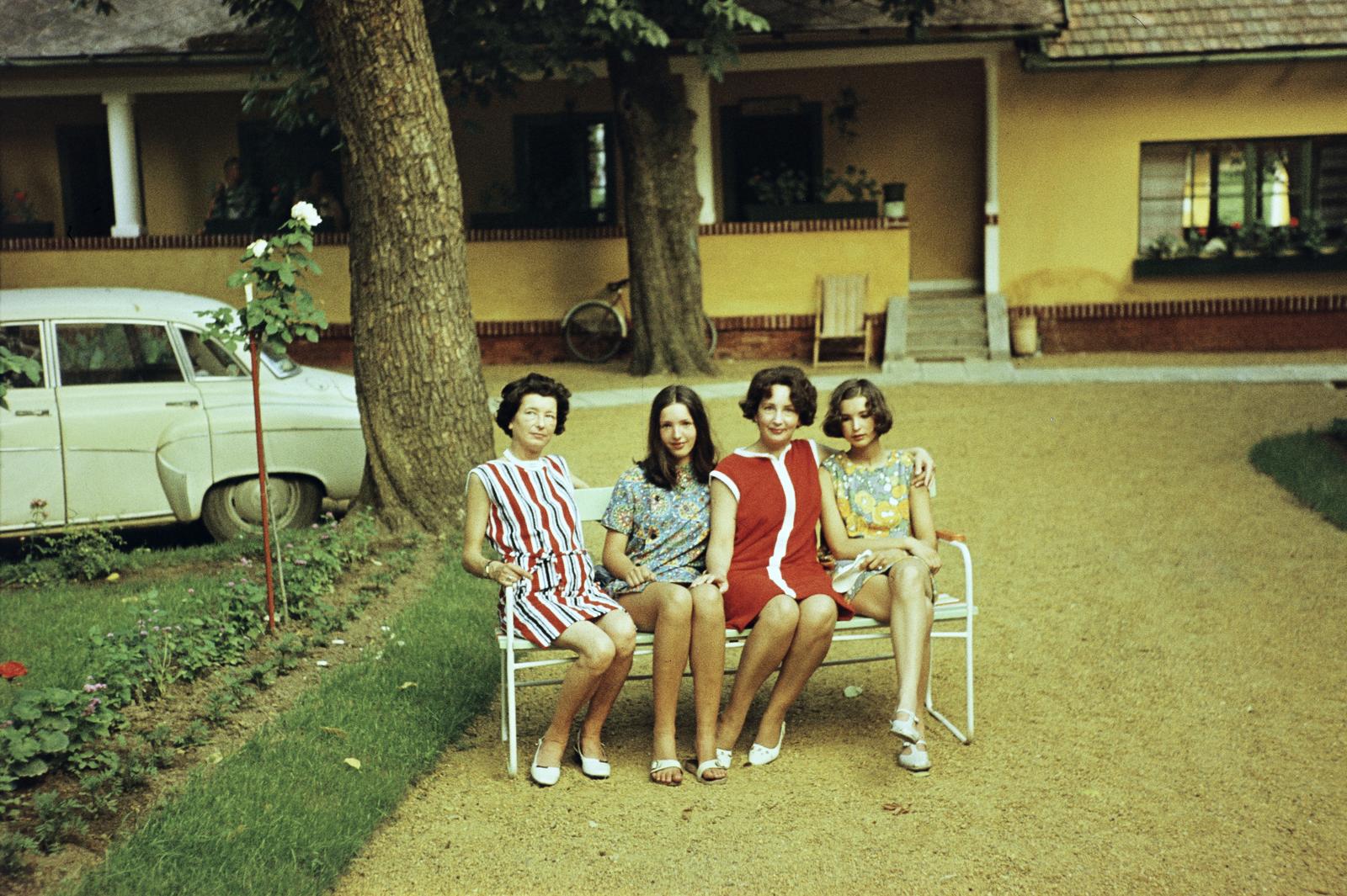 1962, Szomolányi József, colorful, bench, girls, striped dress, Fortepan #302877