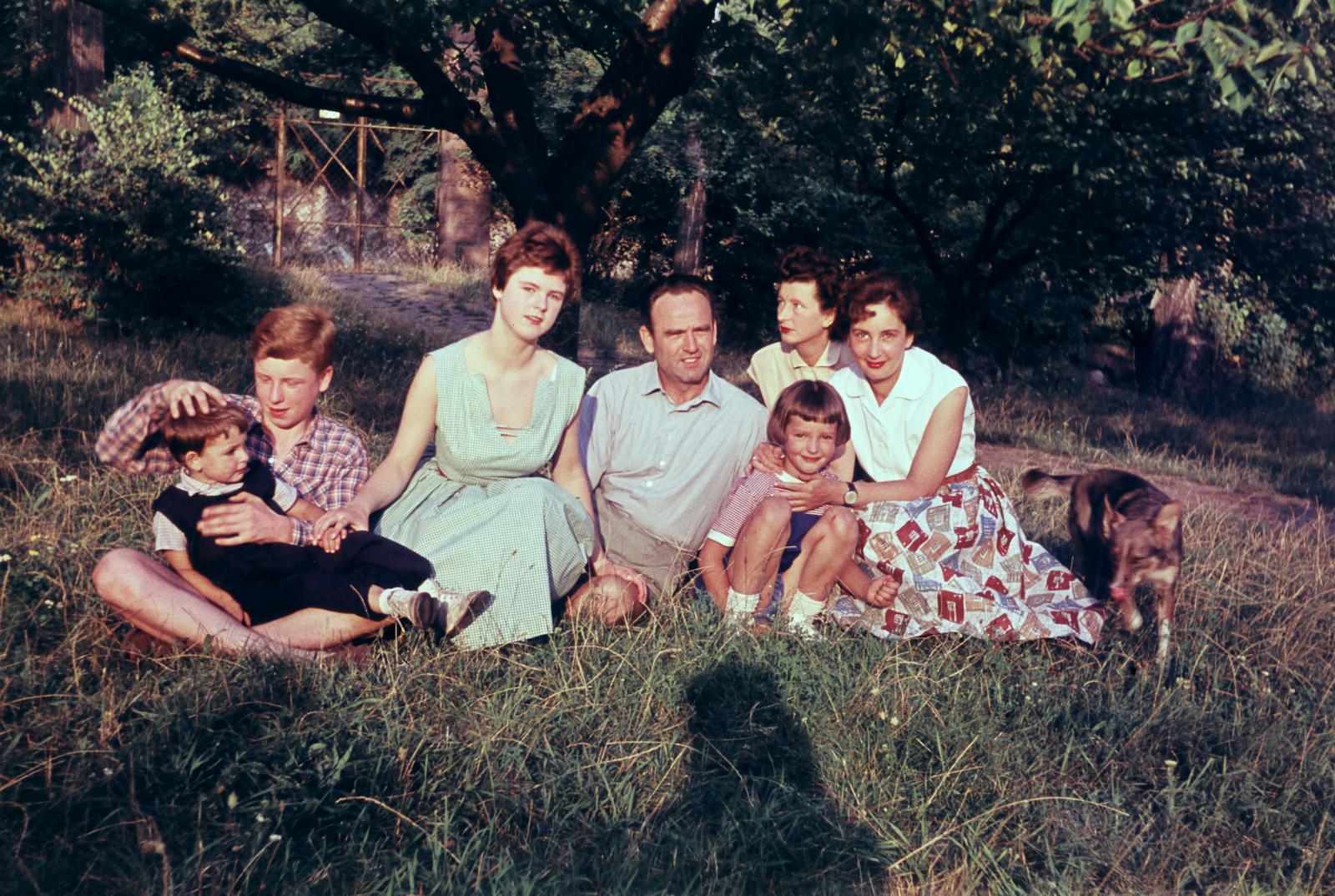 1959, Szomolányi József, colorful, sitting on the ground, dog, family, Fortepan #302928