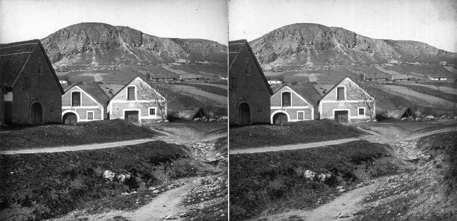 Hungary, Budaörs, Kisfaludy utca, borospincék a Csap utca sarkán, háttérben az Odvas-hegy. A felvétel 1900 előtt készült., 1900, SZTFH Földtani Szolgálatának gyűjteménye, stereophoto, building, house, Fortepan #303144