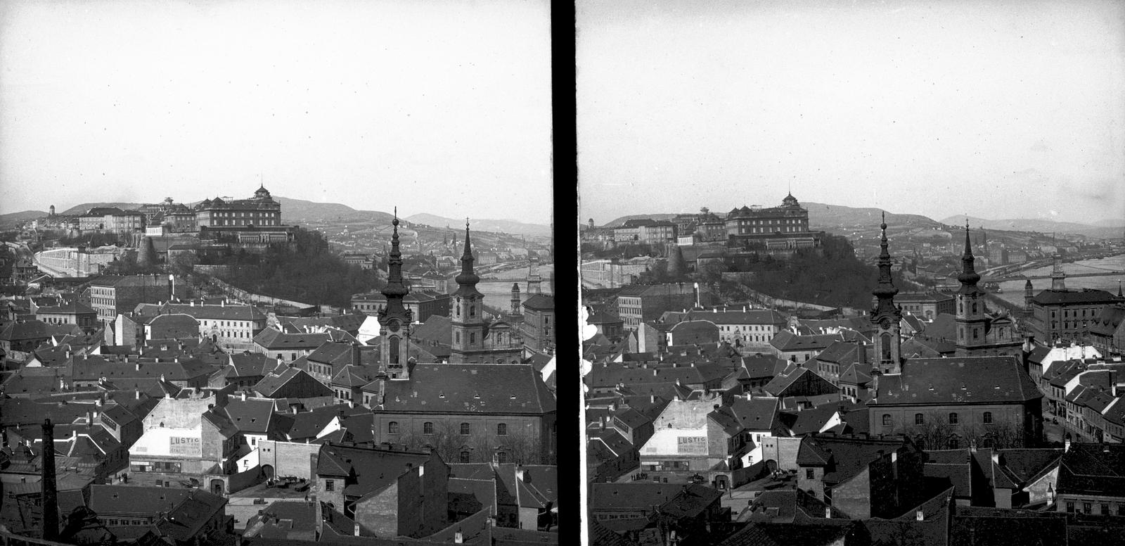 Hungary, Tabán, Budapest I., kilátás a Gellérthegyről a Királyi Palota (később Budavári Palota) felé. Előtérben a Szent Demeter szerb templom és az Alexandriai Szent Katalin-templom. A felvétel 1894-ben készült., 1900, SZTFH Földtani Szolgálatának gyűjteménye, picture, steeple, Budapest, Fortepan #303148