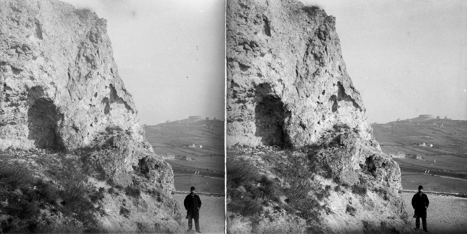 Hungary, Budapest XI., Sas-hegy kilátás a Gellért-hegyen álló Citadella felé. A felvétel 1894-ben készült., 1900, SZTFH Földtani Szolgálatának gyűjteménye, stereophoto, rock, Budapest, Fortepan #303150