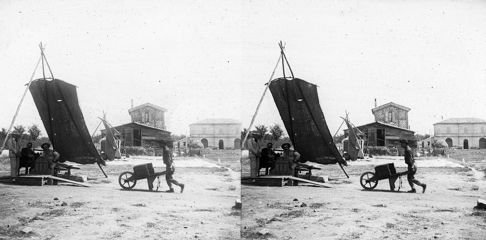 1906, SZTFH Földtani Szolgálatának gyűjteménye, awning, stereophoto, wheelbarrow, weight, measuring, Fortepan #303197