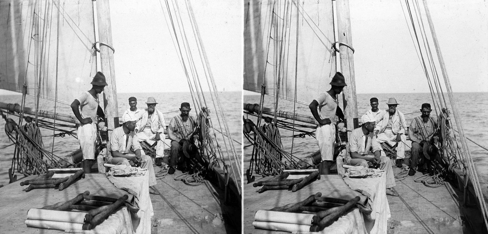 1915, SZTFH Földtani Szolgálatának gyűjteménye, Eötvös Loránd, férfiak, vitorláshajó, sztereófotó, fedélzet, kötél, Fortepan #303206