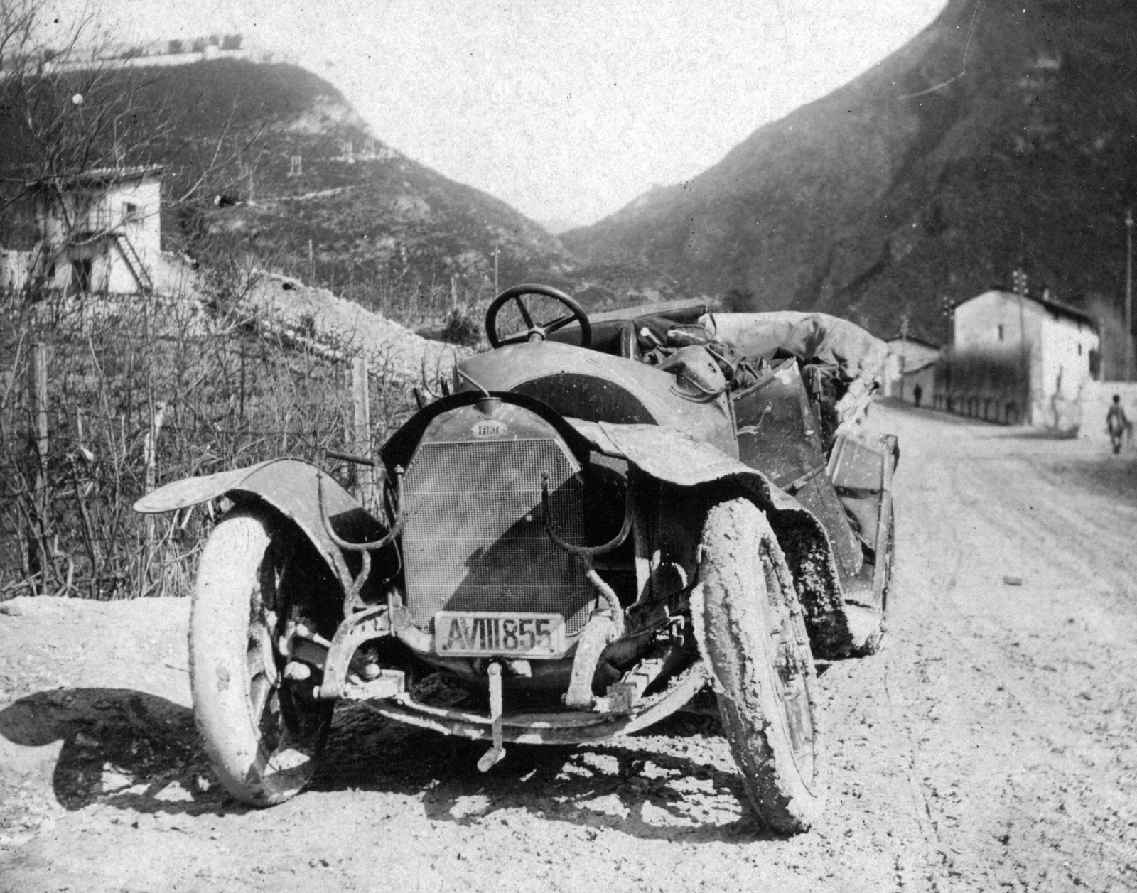 Italy, Fiat személygépkocsi az olasz fronton., 1914, Krepsz Zoltán, First World War, Fiat-brand, Italian brand, wreck, automobile, number plate, Fortepan #30321