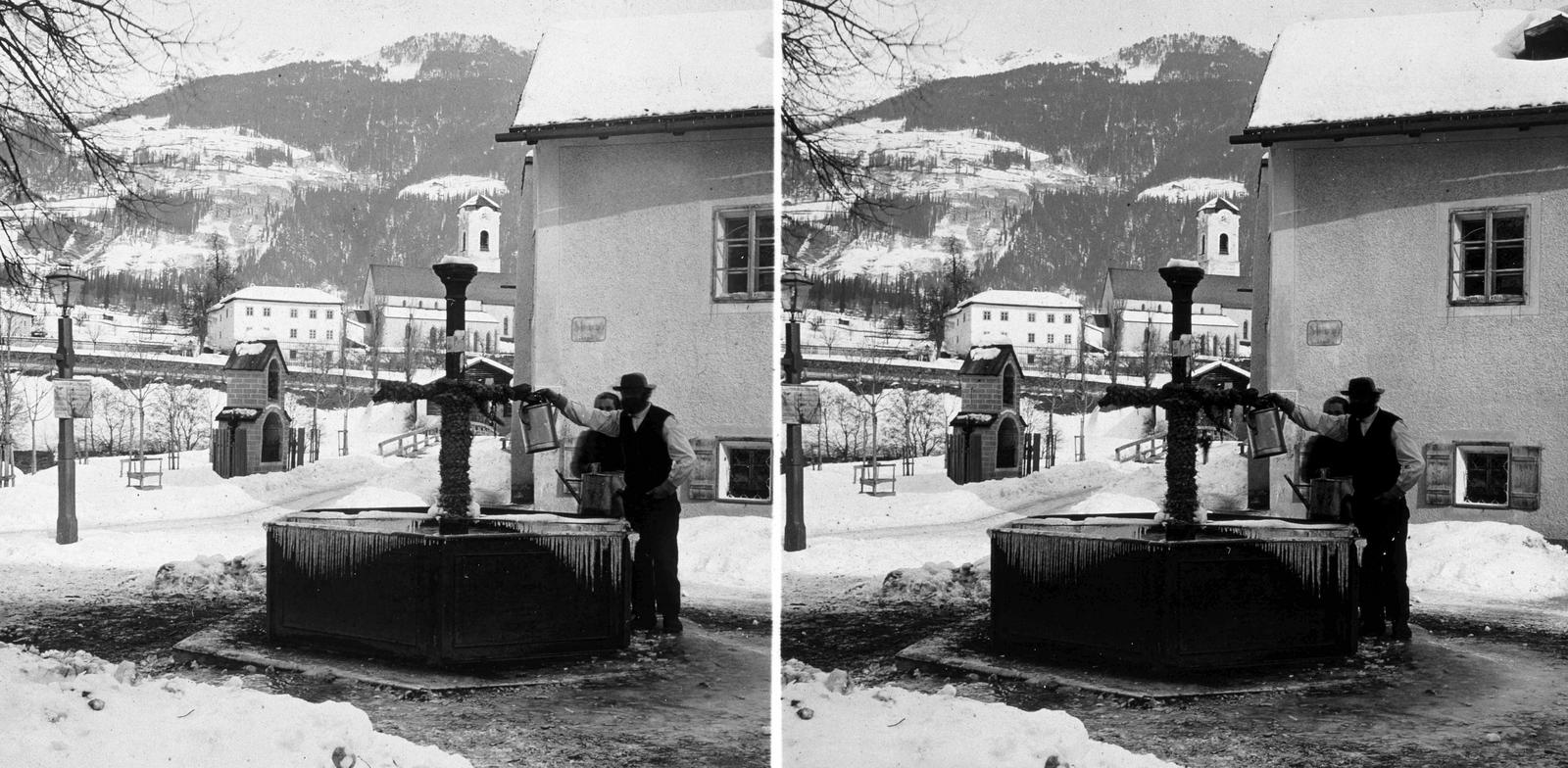 A felvétel 1900 előtt készült., 1900, SZTFH Földtani Szolgálatának gyűjteménye, Eötvös Loránd, közkút, tél, locsolókanna, Fortepan #303211