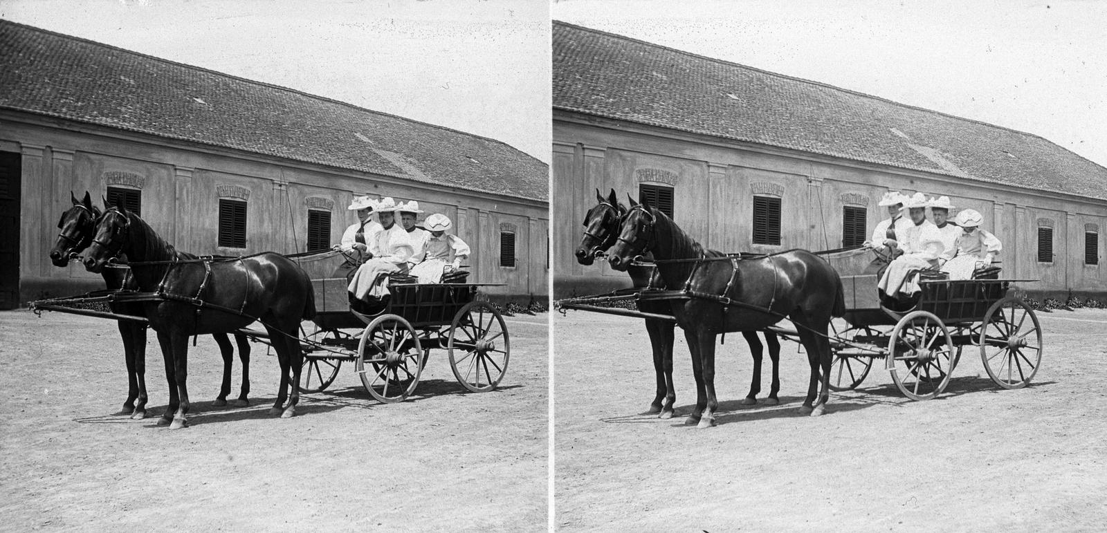 A felvétel 1900 előtt készült., 1900, SZTFH Földtani Szolgálatának gyűjteménye, Eötvös Loránd, kalap, lószerszám, sztereófotó, fogat, nők, Fortepan #303269