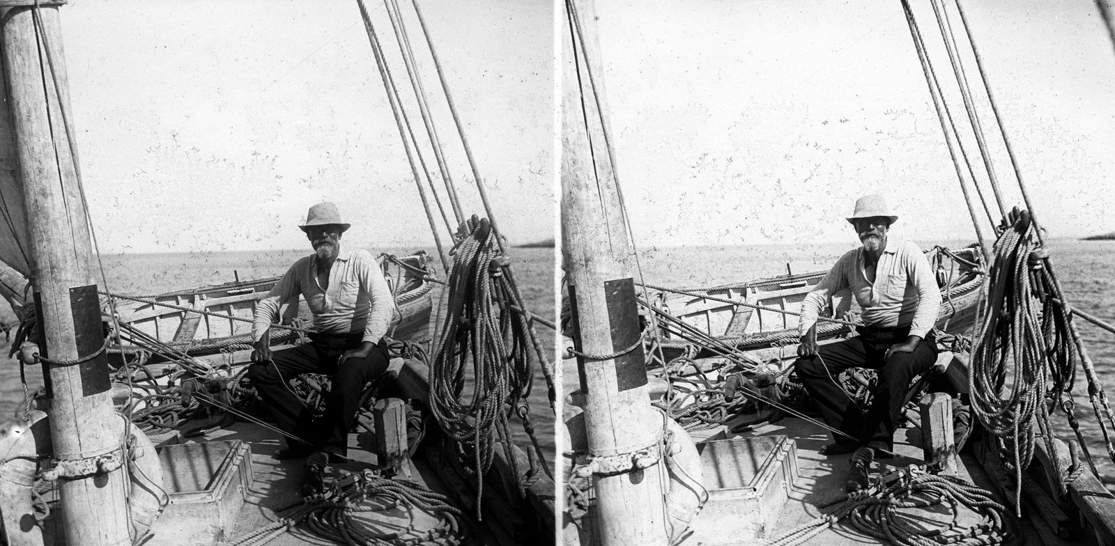 1915, SZTFH Földtani Szolgálatának gyűjteménye, sailboat, stereophoto, wide sitting, rope, Fortepan #303272