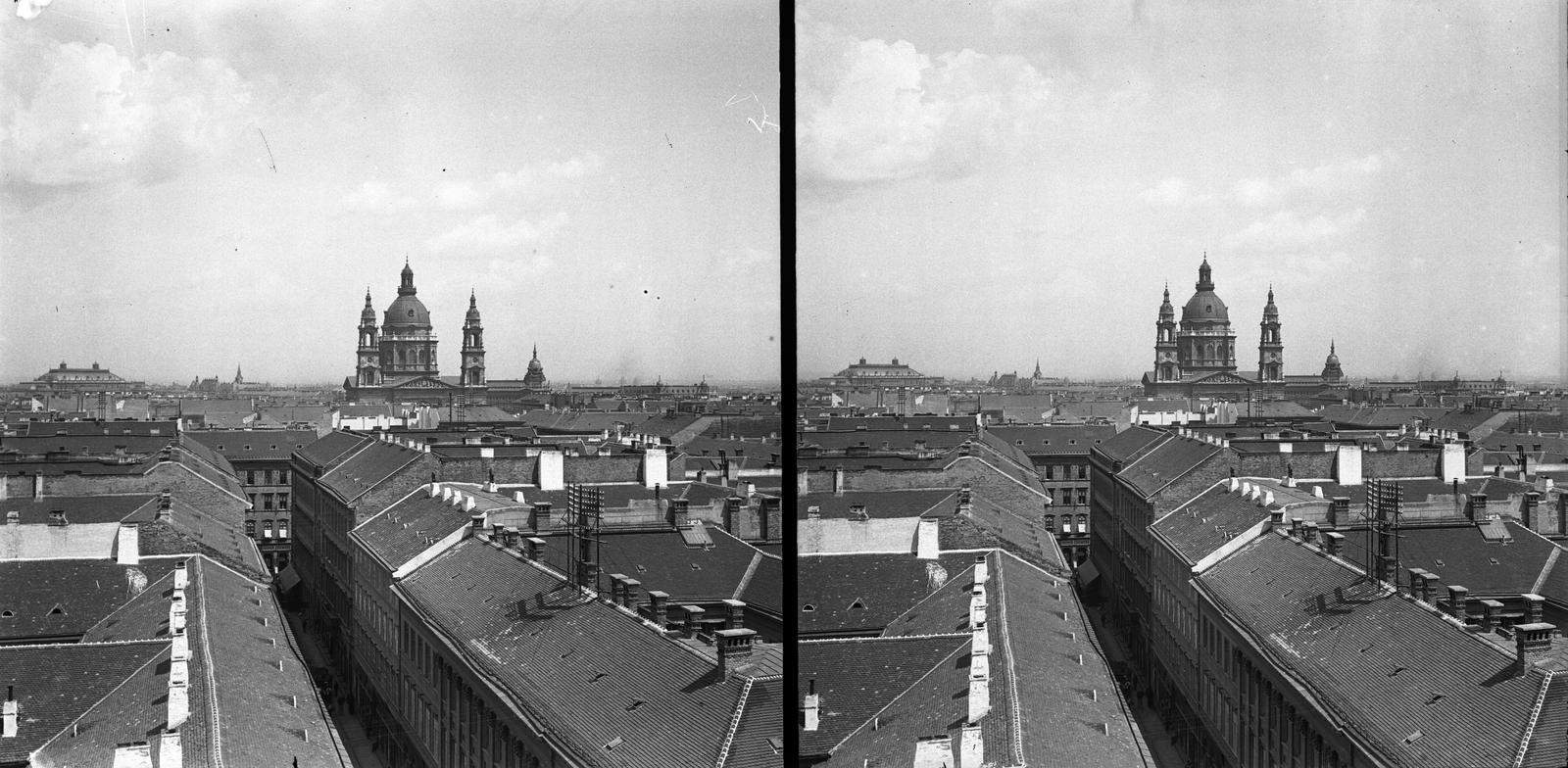 Hungary, Budapest V., kilátás a Magyar Tudományos Akadémia épületéből a Szent István-bazilika felé, előtérben a Vigyázó Ferenc (Béla) utca. A felvétel 1894-ben készült., 1900, SZTFH Földtani Szolgálatának gyűjteménye, Best of, stereophoto, chimney, roof, bird's eye view, basilica, Budapest, Fortepan #303318